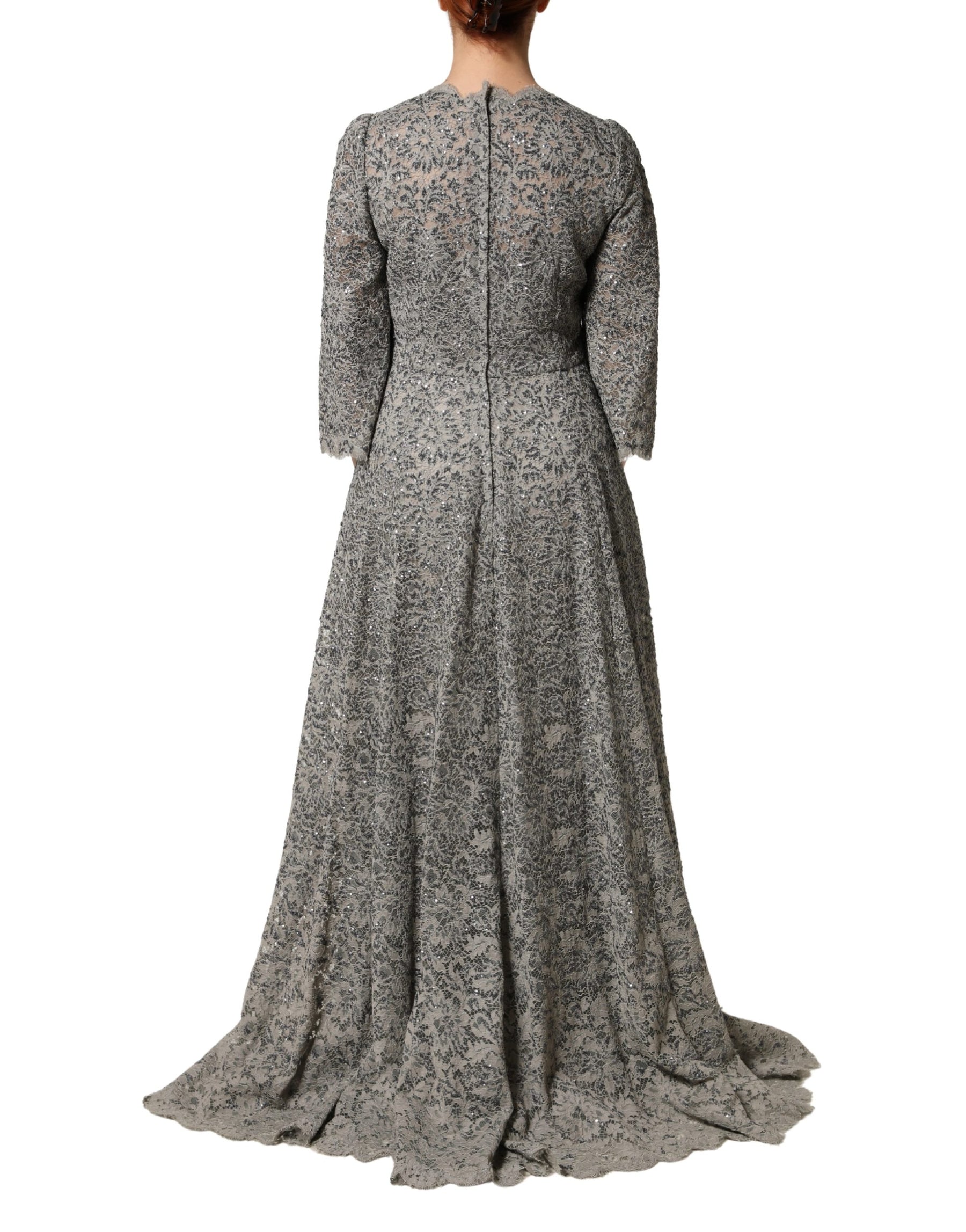 Dolce & Gabbana Gray Lace Long Sleeves Cotton Maxi Dress | Regal Royce