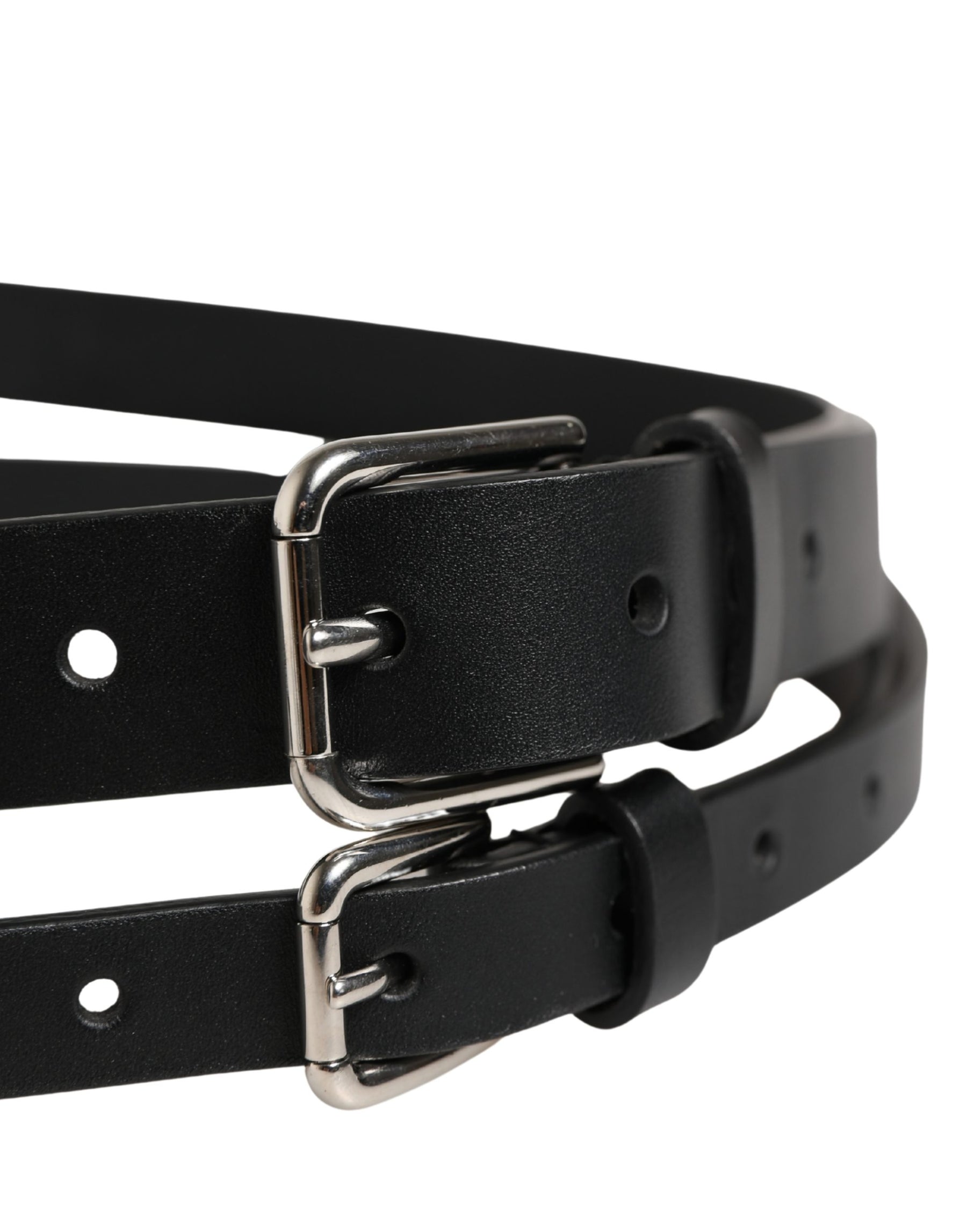 Dolce & Gabbana Black Double Strap Leather Silver Buckle Belt | Regal Royce