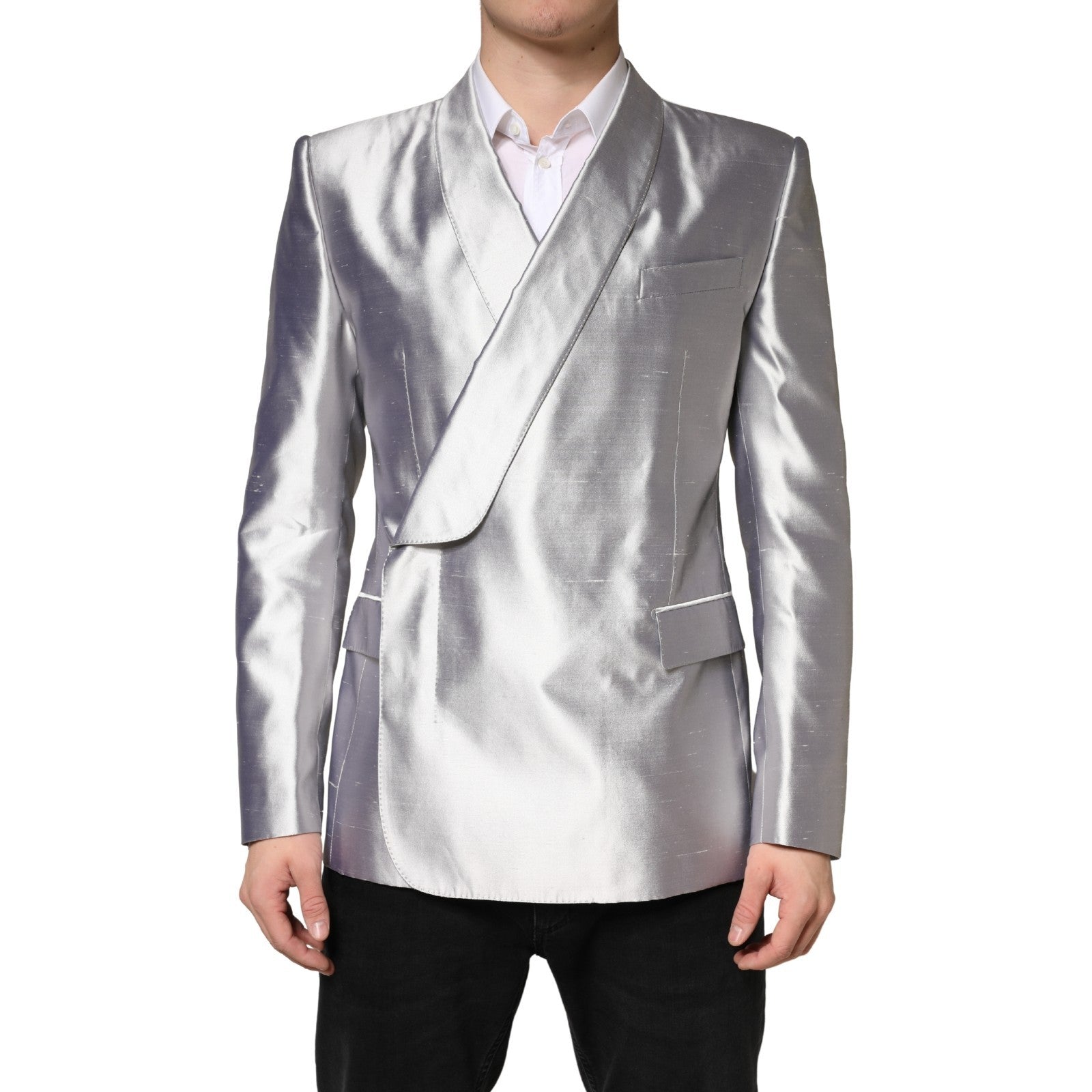 Dolce & Gabbana Silver SICILIA Silk Double Breasted Blazer | Regal Royce
