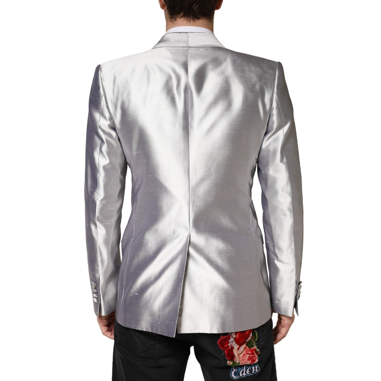 Dolce & Gabbana Silver SICILIA Silk Double Breasted Blazer | Regal Royce