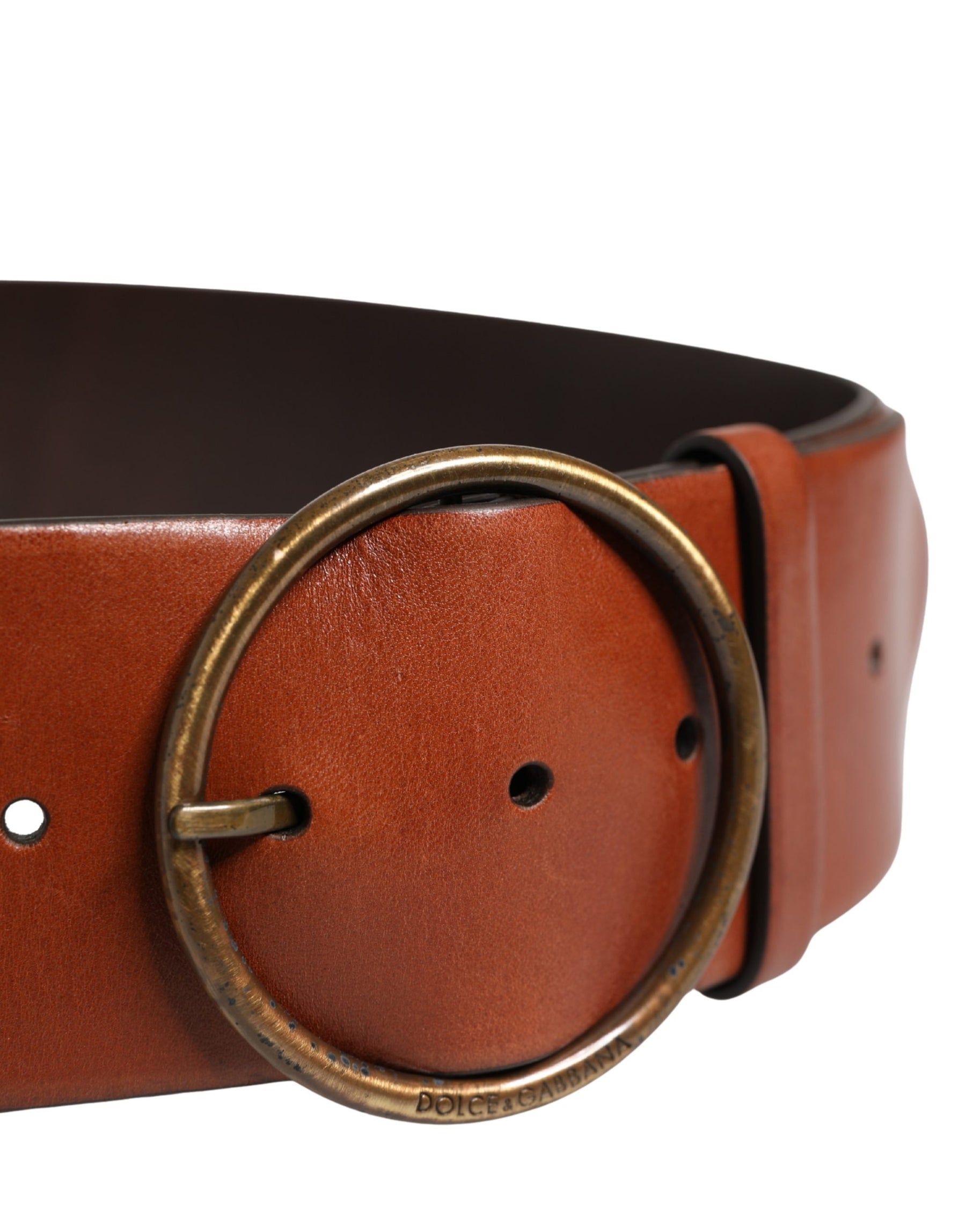 Dolce & Gabbana Men Brown Leather Wide Waist Metal Round Buckle Belt | Regal Royce