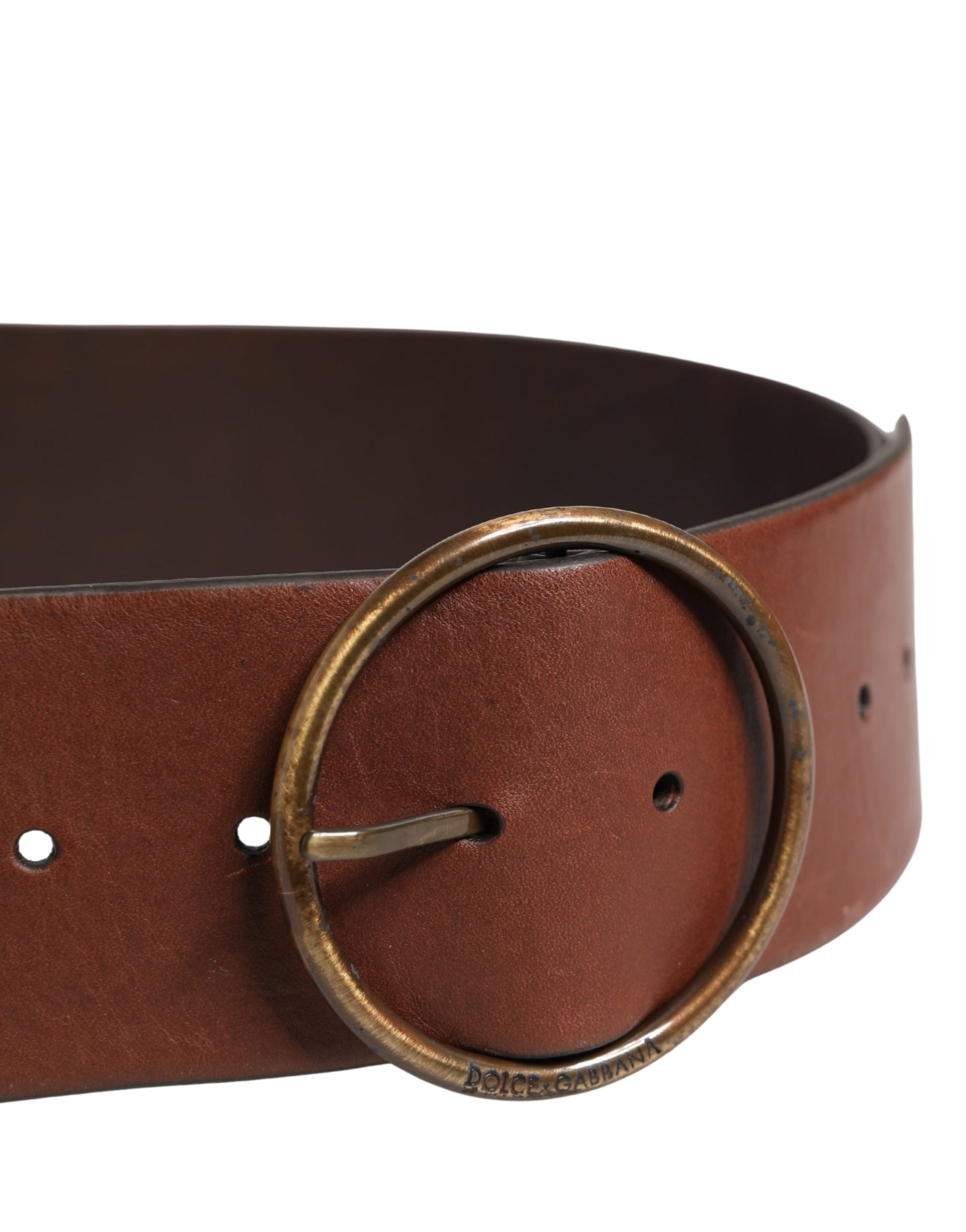 Dolce & Gabbana Brown Leather Wide Waist Metal Round Belt | Regal Royce