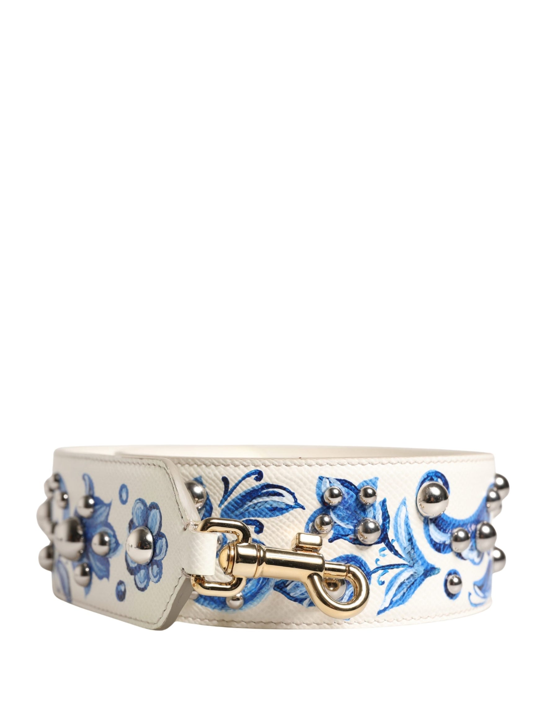 Dolce & Gabbana White Blue Floral Leather Stud Accessory Shoulder Strap | Regal Royce