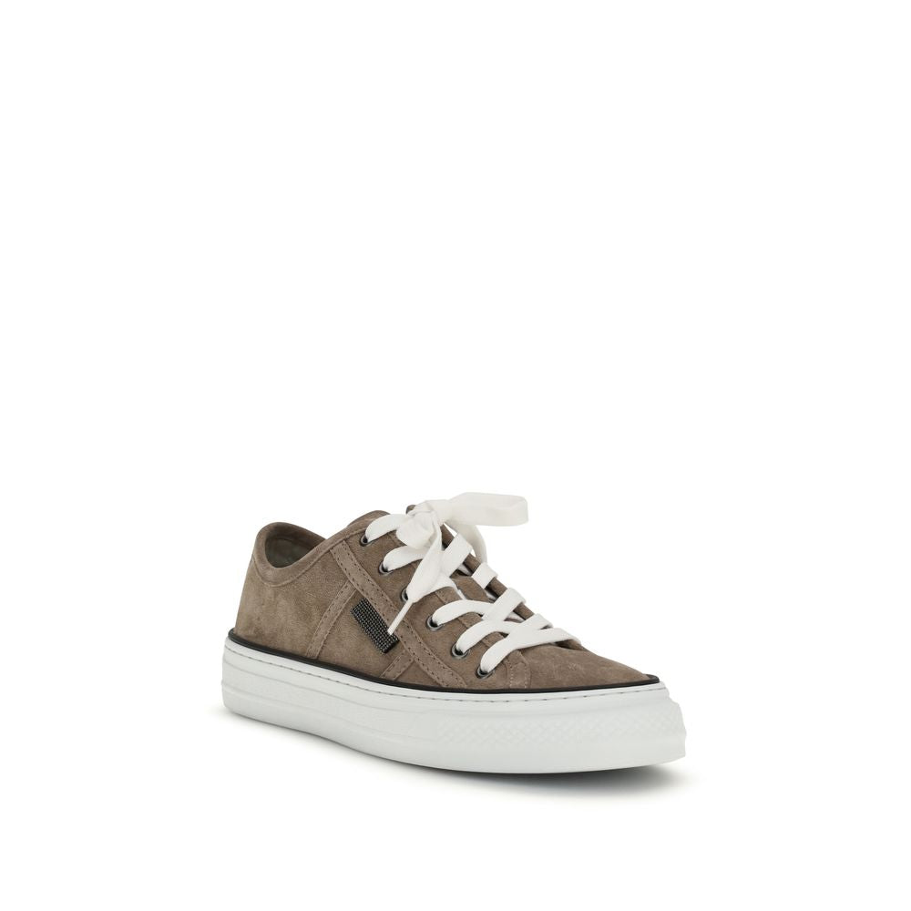 Brunello Cucinelli Beige Calf Leather Bos Taurus Low Top Sneakers | Regal Royce