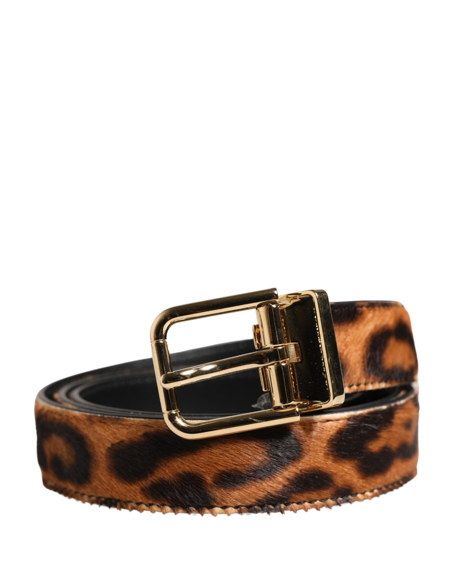 Dolce & Gabbana Brown Calf Fur Leopard Metal Buckle Belt | Regal Royce