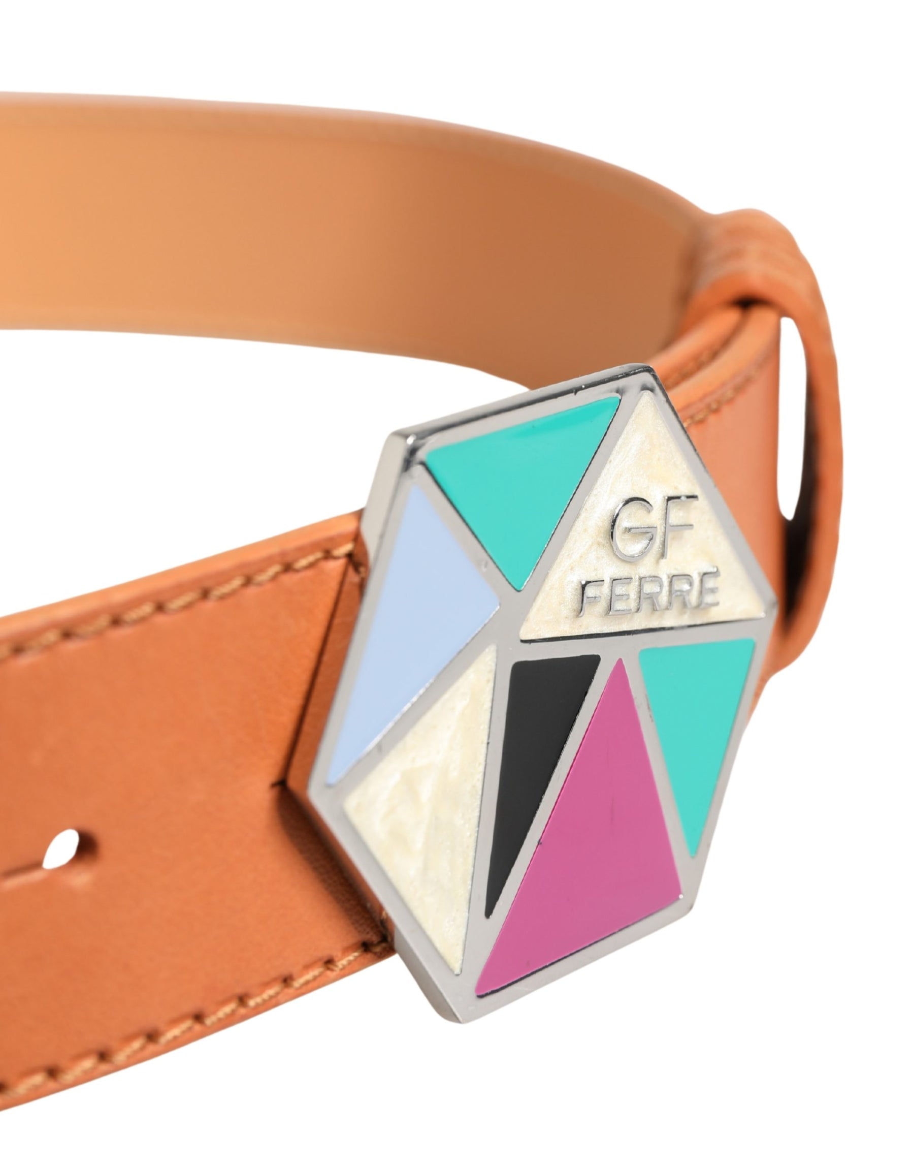 GF Ferre Orange Leather Hexagon Metal Buckle Waist Women Belt | Regal Royce