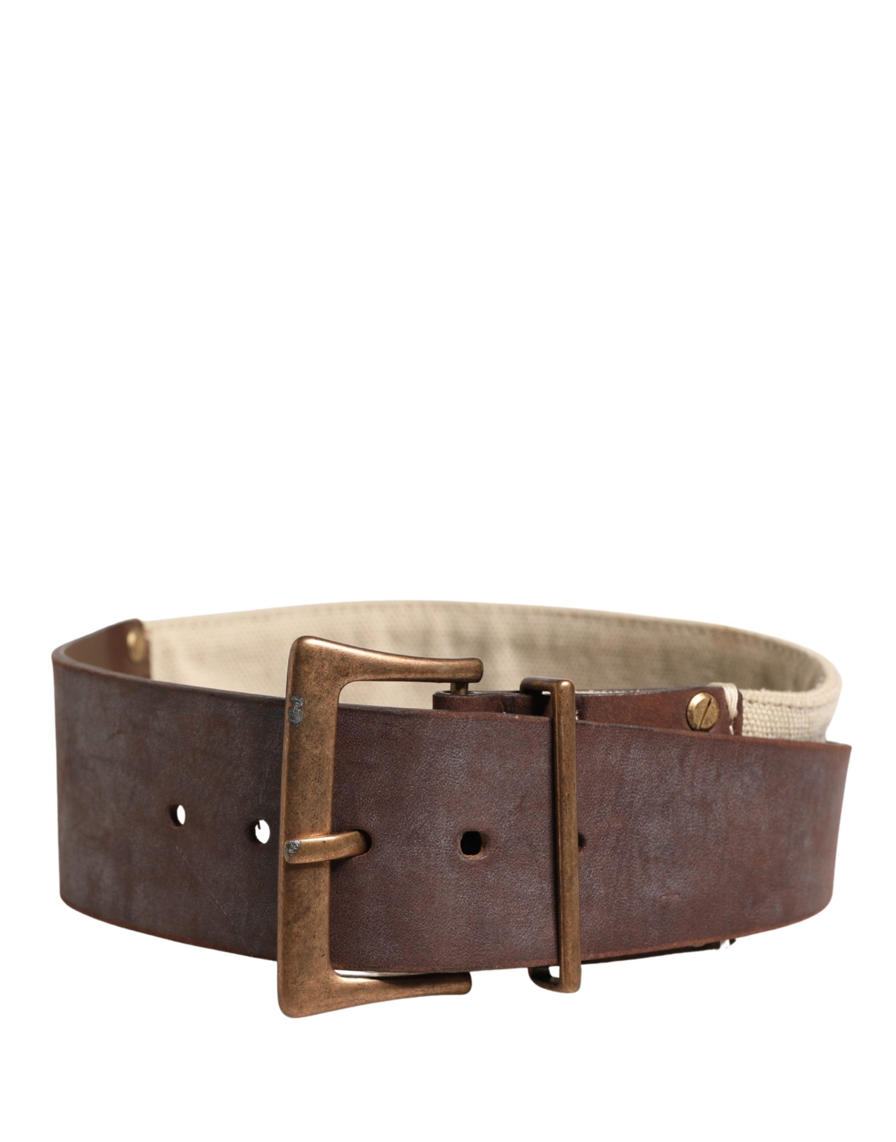Ermanno Scervino Beige Brown Leather Canvas Metal Buckle Belt | Regal Royce