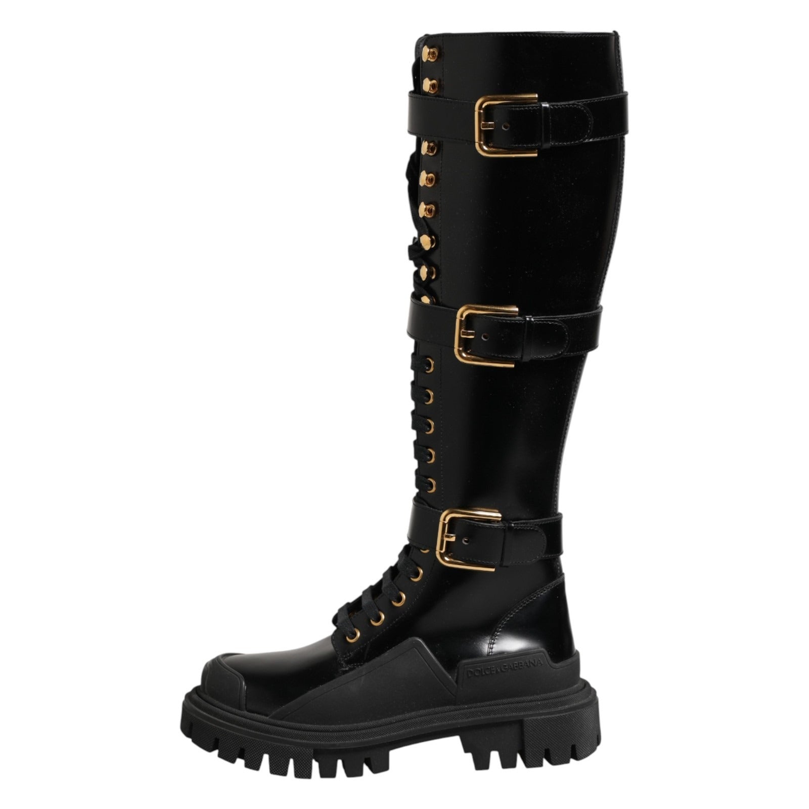 Dolce & Gabbana Black Buckle Embellished Knee High Boots Shoes | Regal Royce