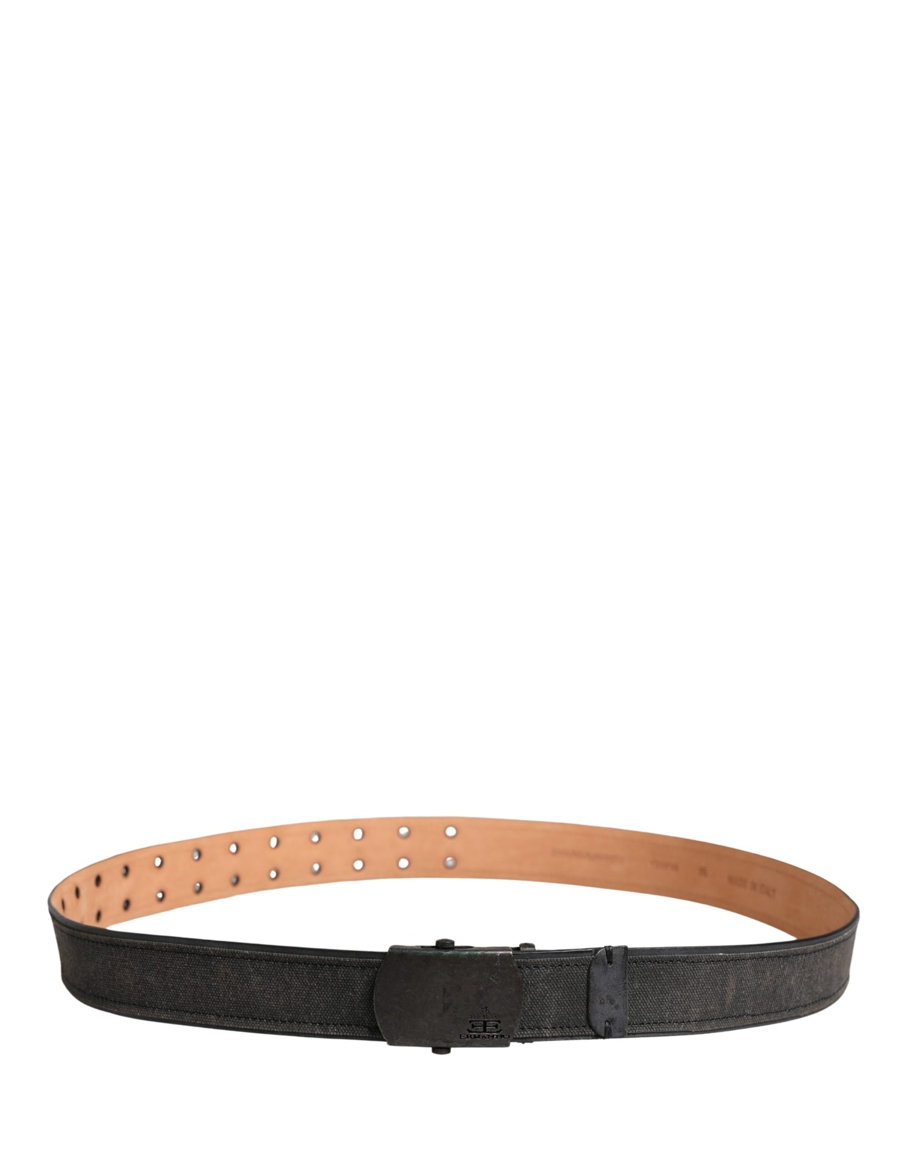 Ermanno Scervino Black Leather Cotton Logo Metal Buckle Belt | Regal Royce