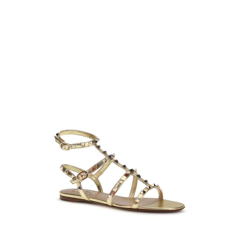 Valentino Garavani Gold Calf Leather Bos Taurus Flat Sandals | Regal Royce