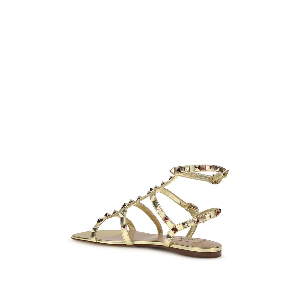 Valentino Garavani Gold Calf Leather Bos Taurus Flat Sandals | Regal Royce