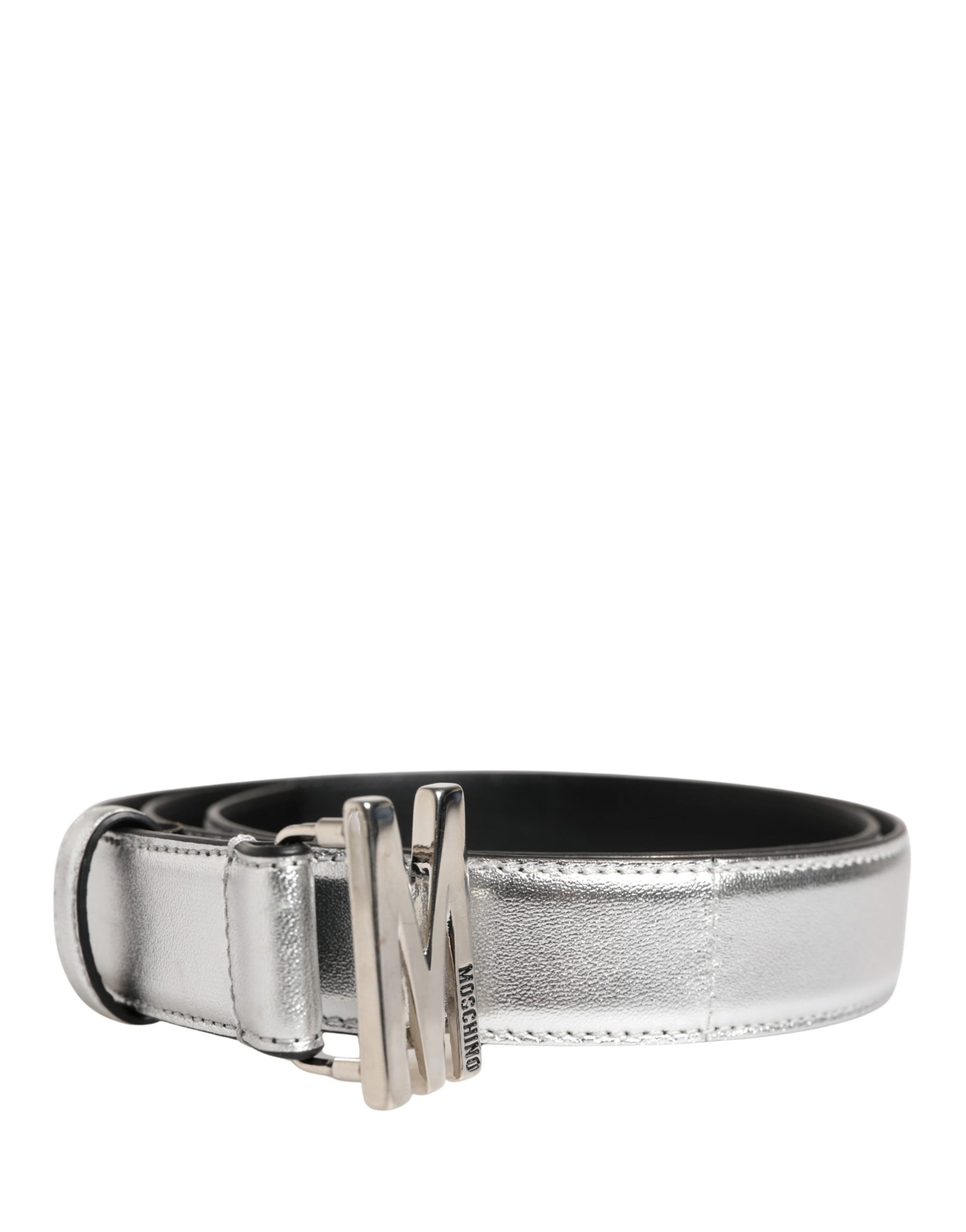 Moschino Couture Silver Leather Logo Metal Buckle Waist Belt | Regal Royce