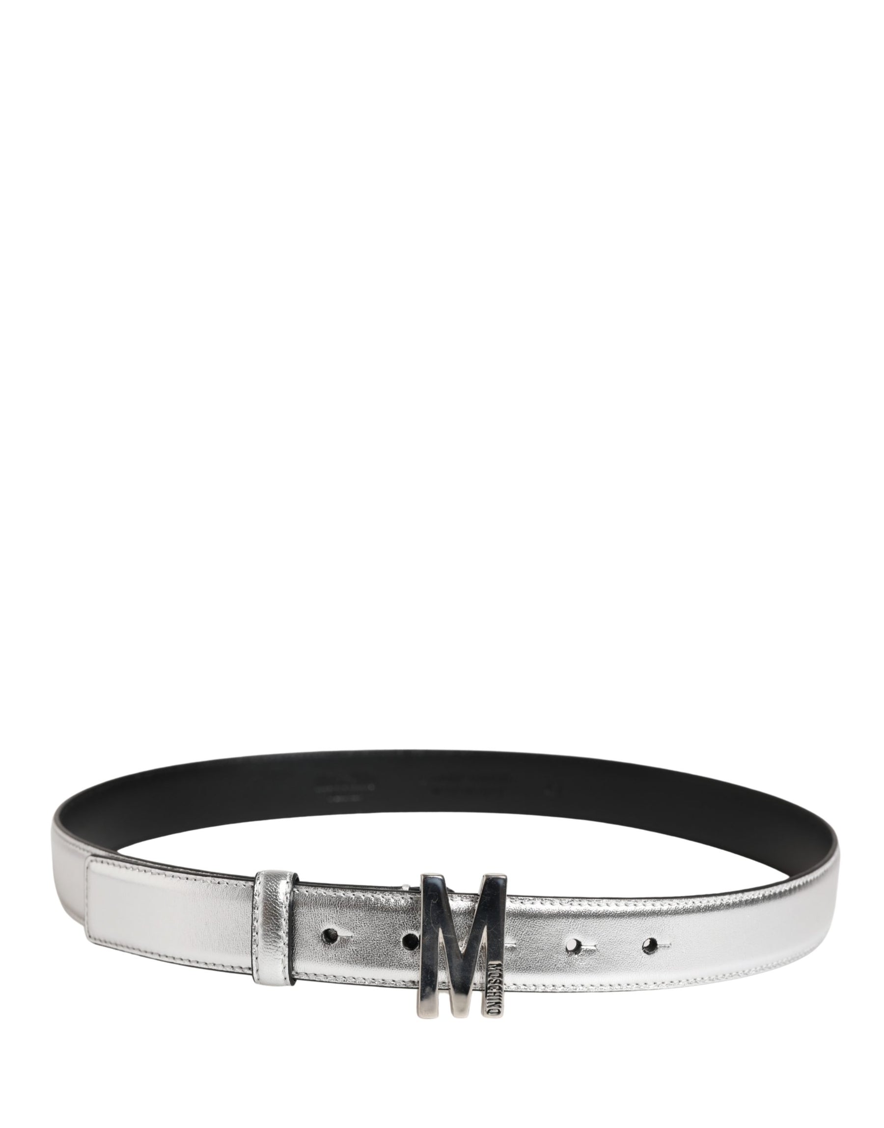 Moschino Couture Silver Leather Logo Metal Buckle Waist Belt | Regal Royce