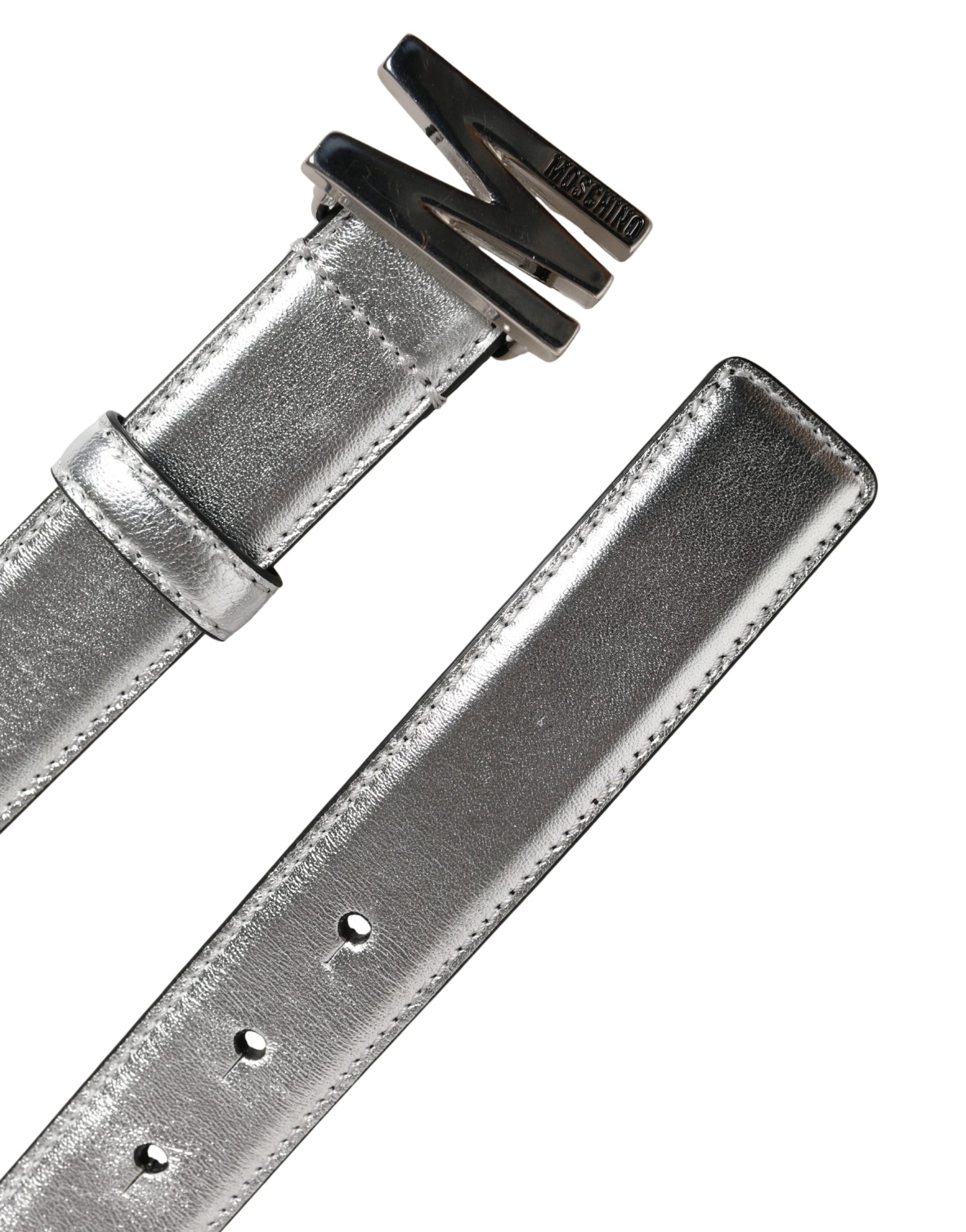 Moschino Couture Silver Leather Logo Metal Buckle Waist Belt | Regal Royce