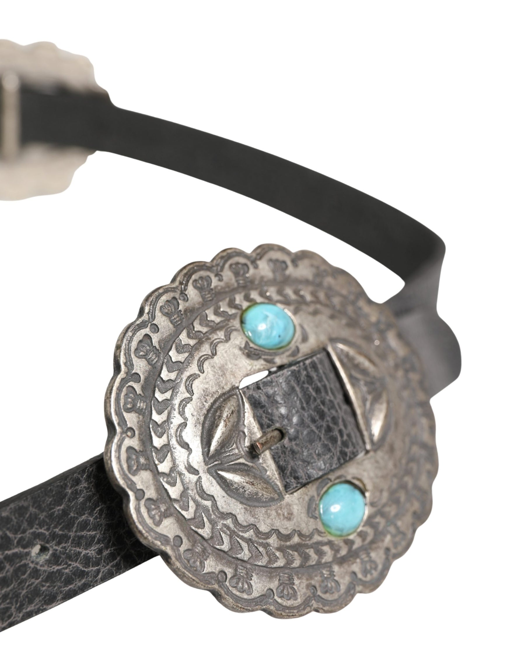 Cavalli Class Black Turquoise Leather Embellished Oval Buckle Belt | Regal Royce