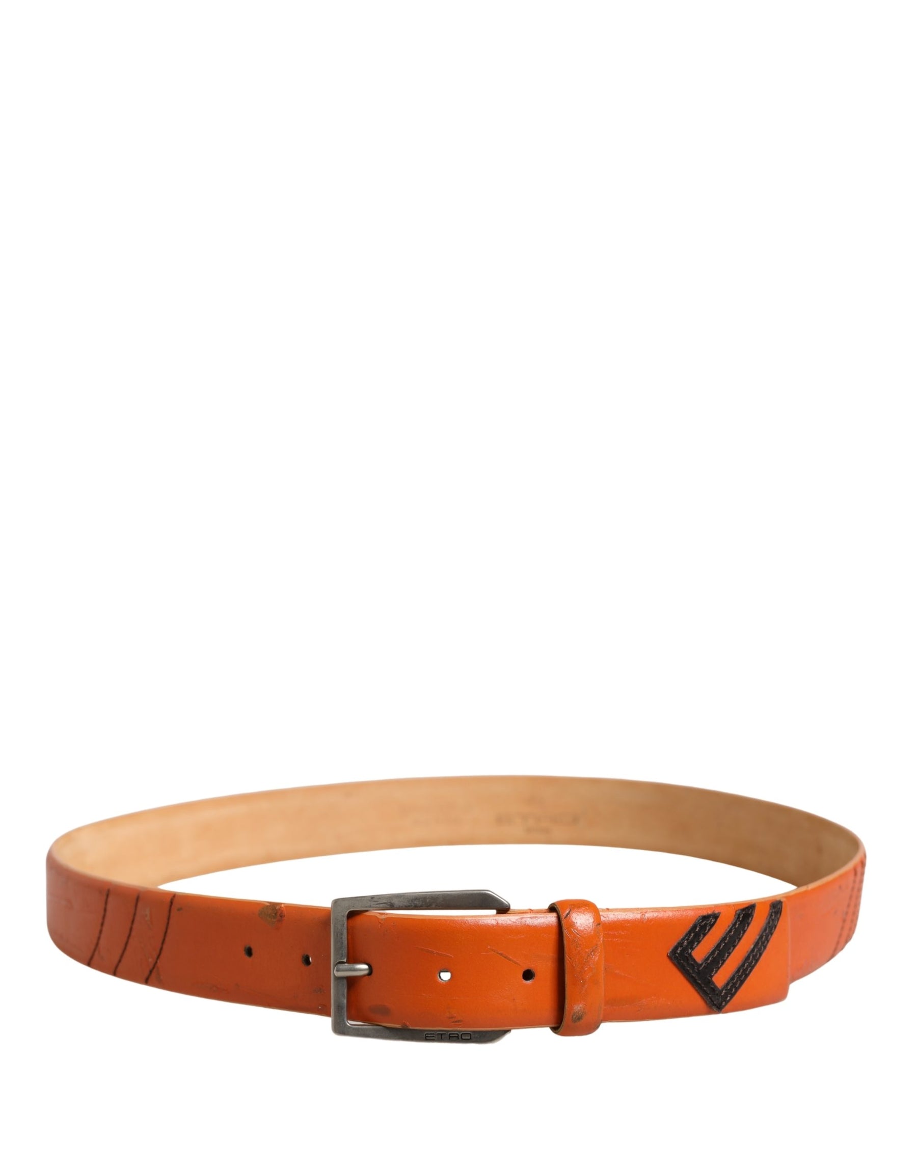 Etro Orange Genuine Leather Silver Metal Buckle Waist Belt | Regal Royce