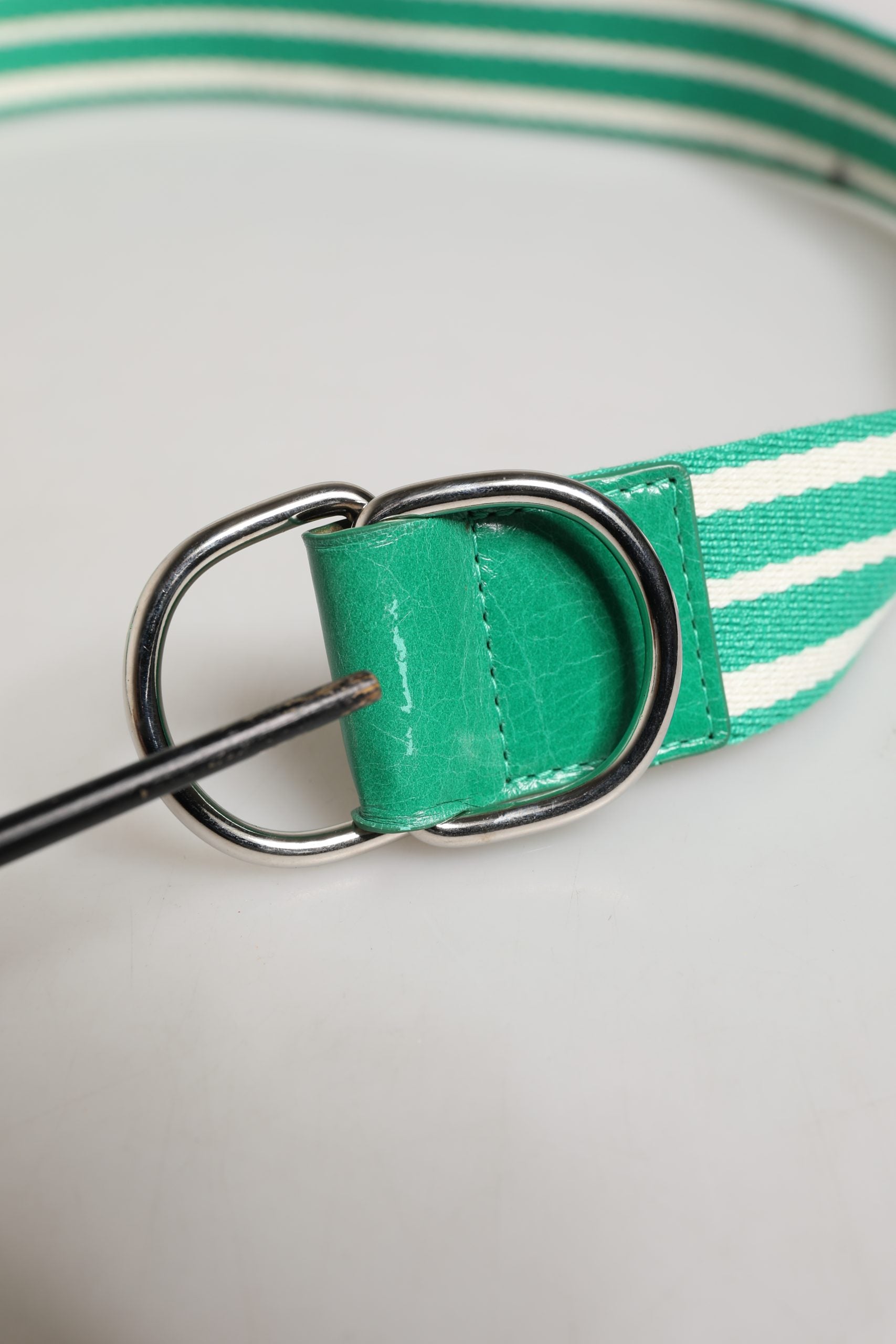 Red Valentino White Green Stripes Canvas Silver Metal Buckle Belt | Regal Royce