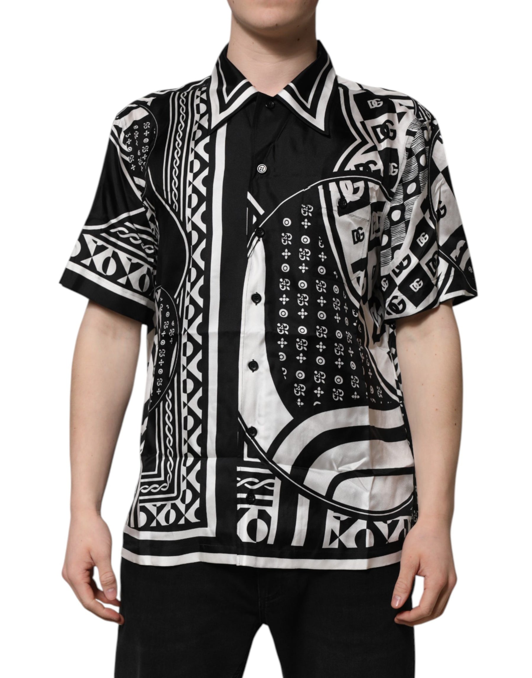 Dolce & Gabbana Black Silk Logo Print Short Sleeves Shirt | Regal Royce