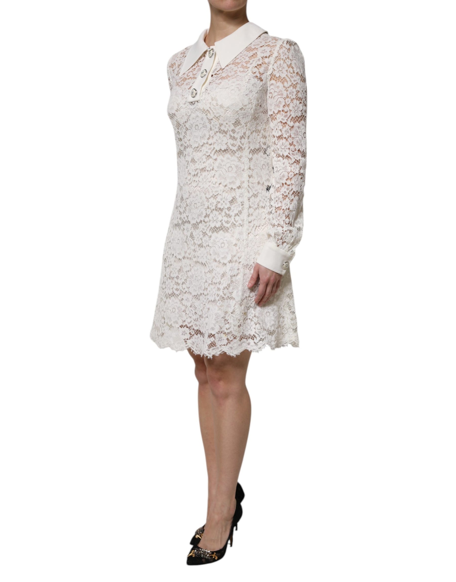 Dolce & Gabbana White Floral Lace Viscose Collared Mini Dress | Regal Royce