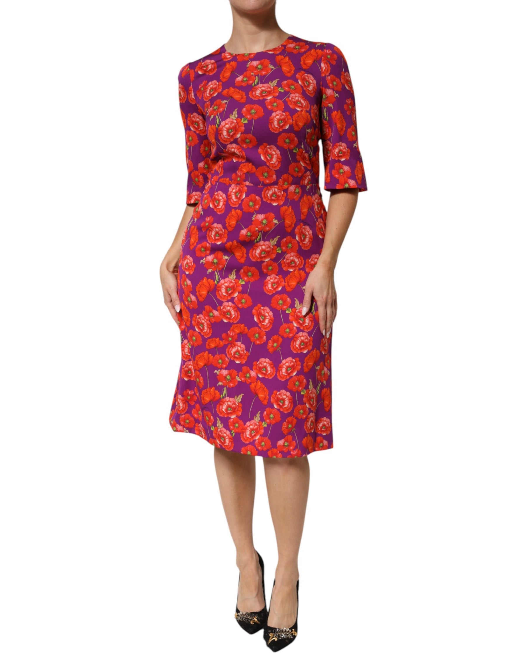 Dolce & Gabbana Purple Silk Floral Print Midi Sheath Dress | Regal Royce