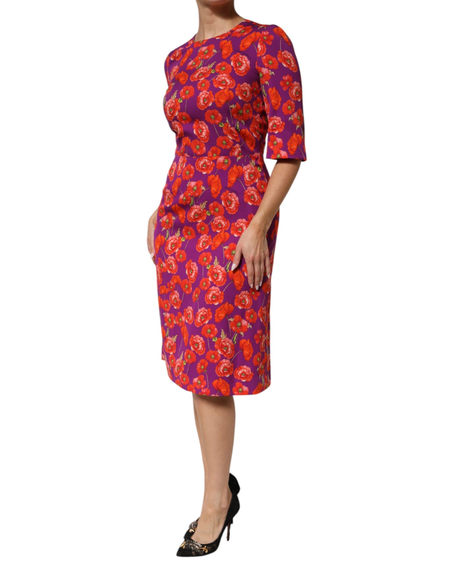 Dolce & Gabbana Purple Silk Floral Print Midi Sheath Dress | Regal Royce