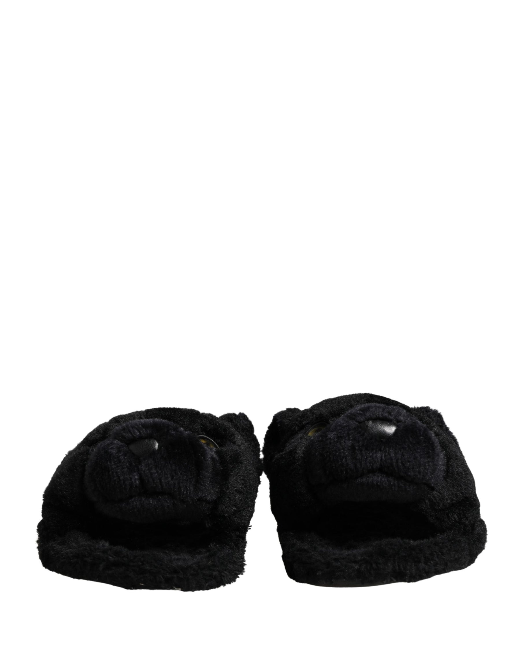 Dolce & Gabbana Black Faux Fur Panther Plush Flat Slides Shoes | Regal Royce