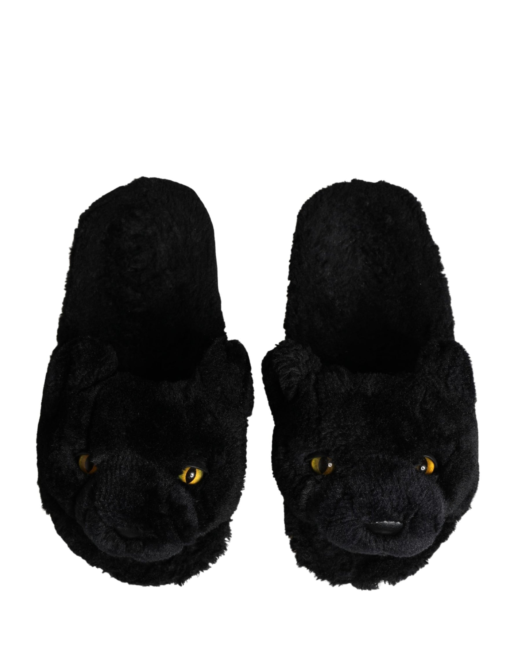 Dolce & Gabbana Black Faux Fur Panther Plush Flat Slides Shoes | Regal Royce