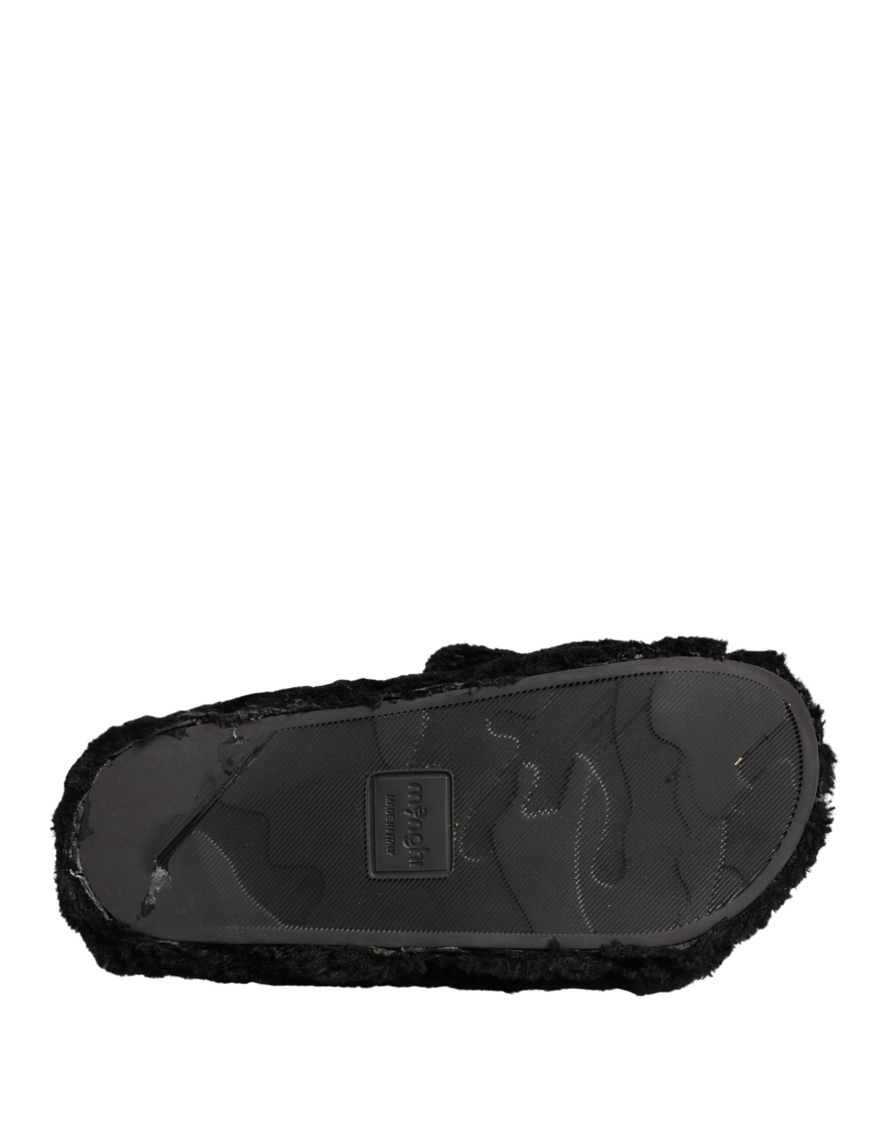 Dolce & Gabbana Black Faux Fur Panther Plush Flat Slides Shoes | Regal Royce