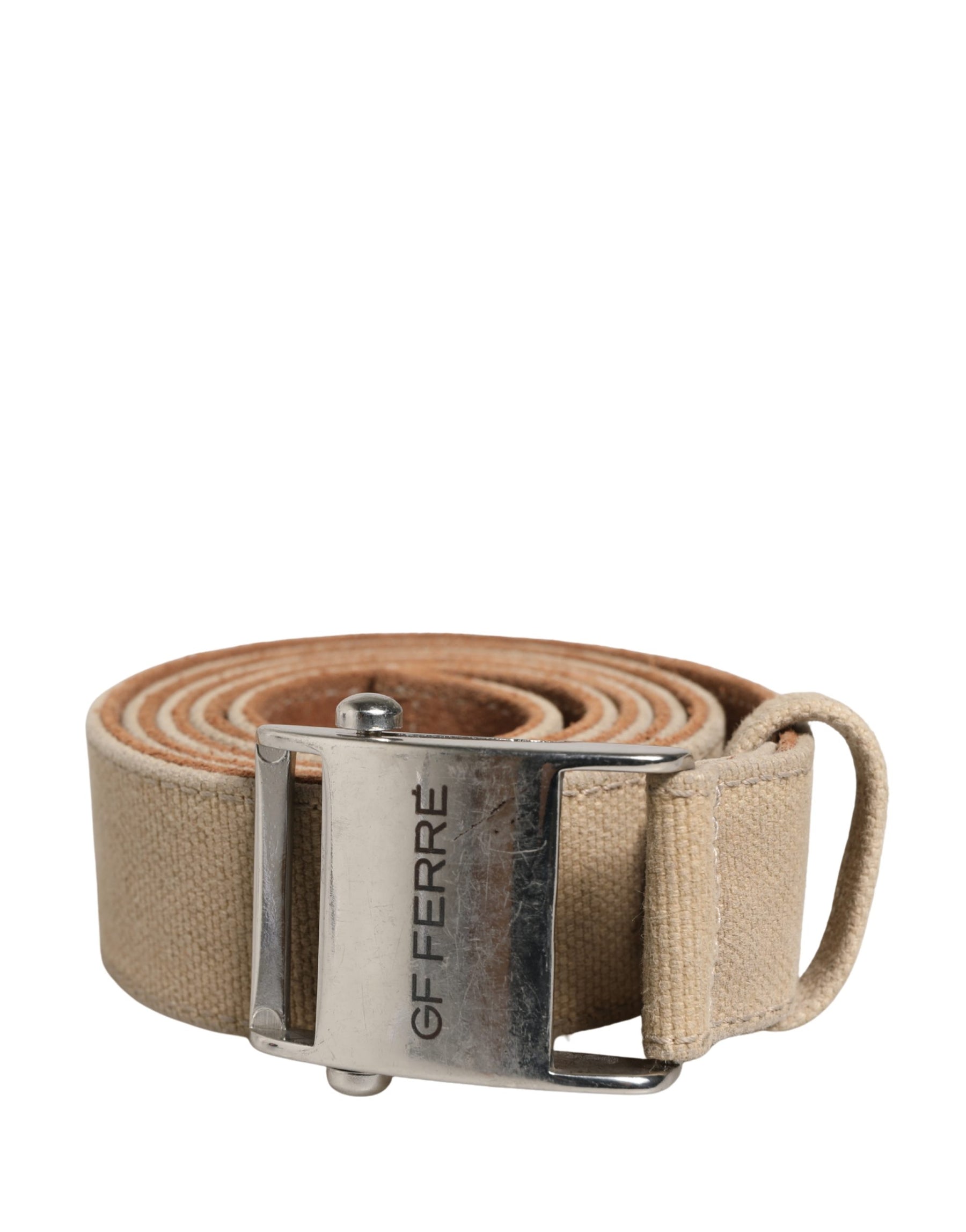 GF Ferre Men Beige Canvas Silver Metal Buckle Cintura Belt | Regal Royce