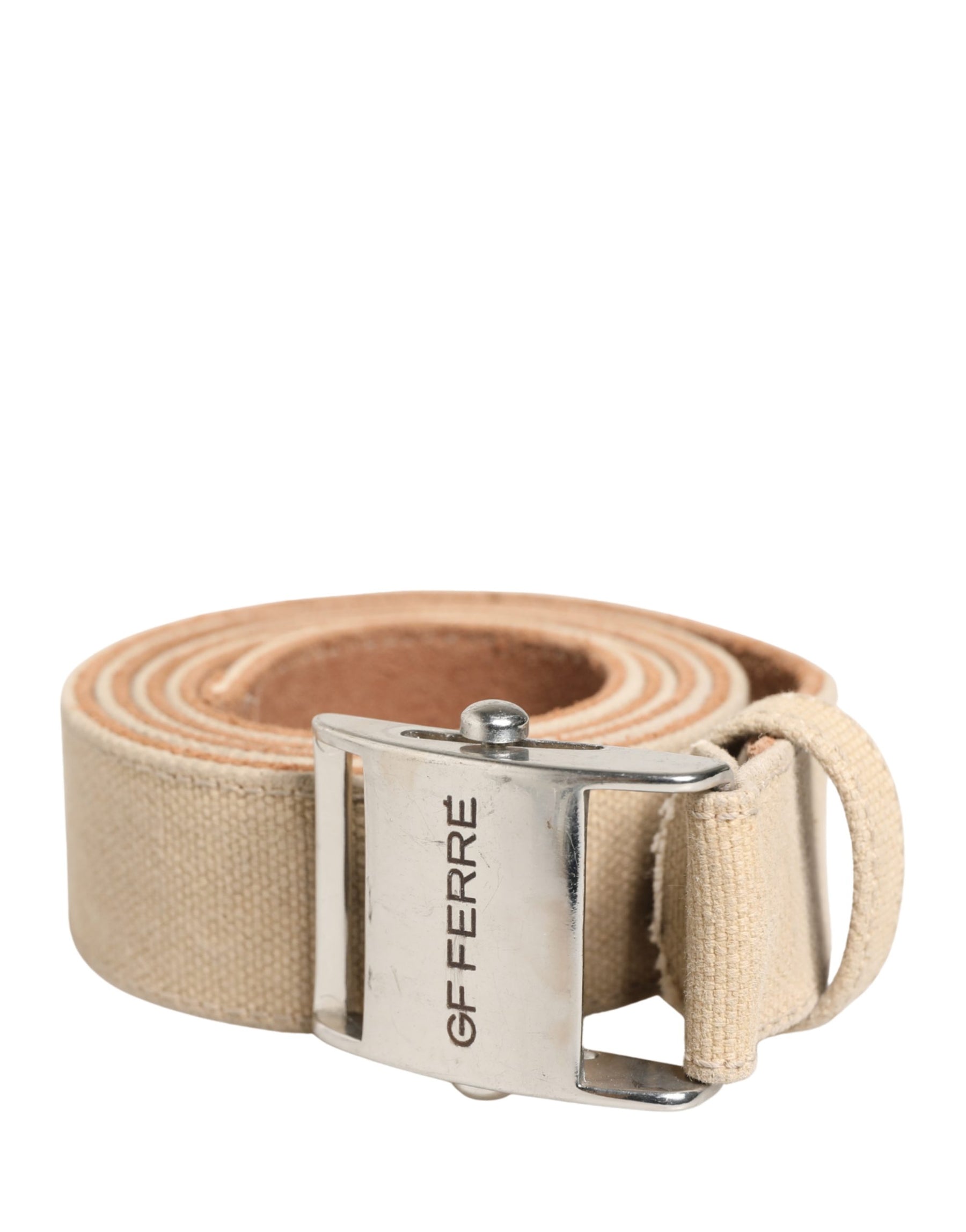 GF Ferre Men Beige Canvas Silver Metal Buckle Cintura Belt | Regal Royce