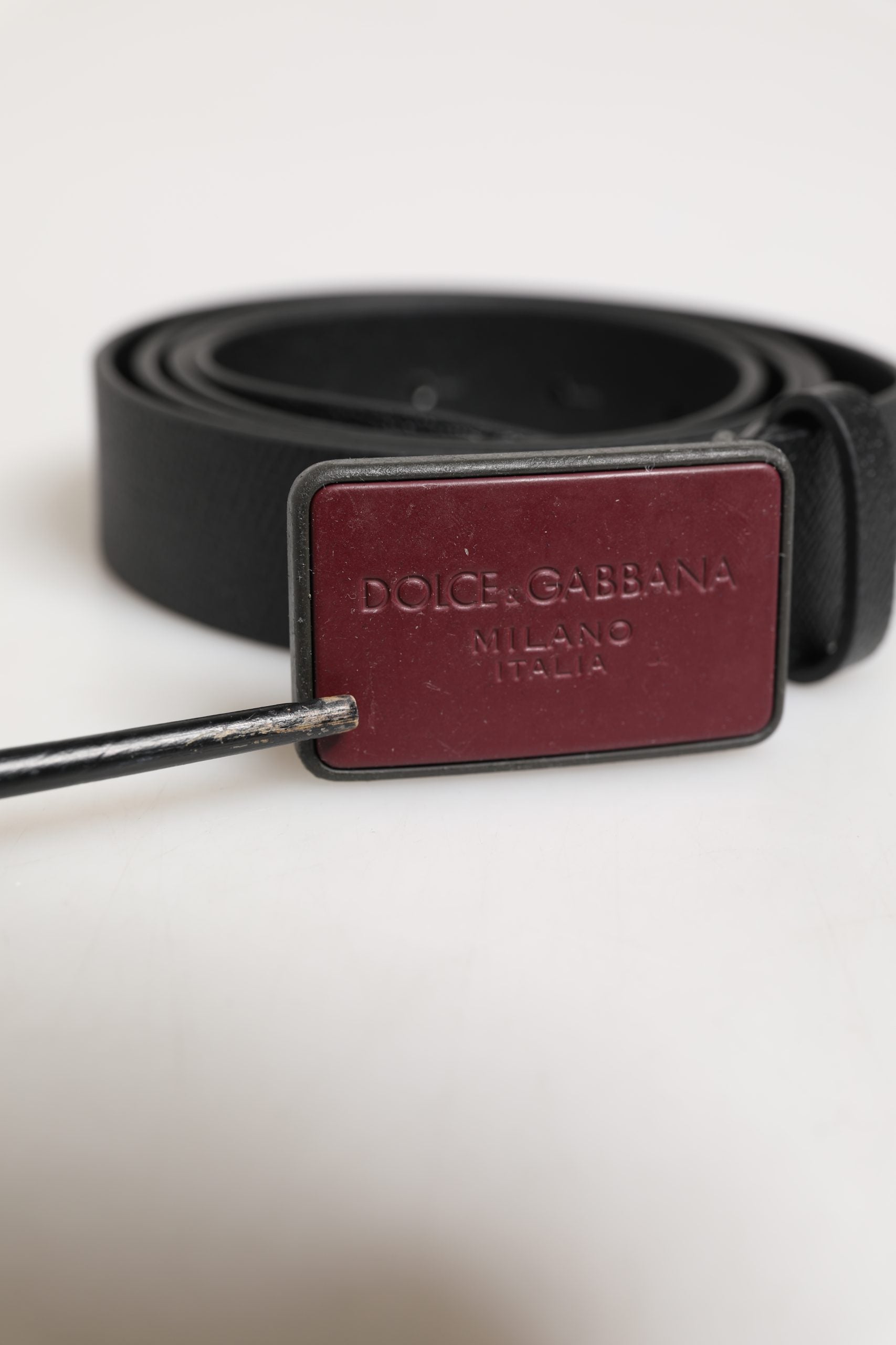 Dolce & Gabbana Men Black Calf Leather Logo Metal Buckle Belt | Regal Royce