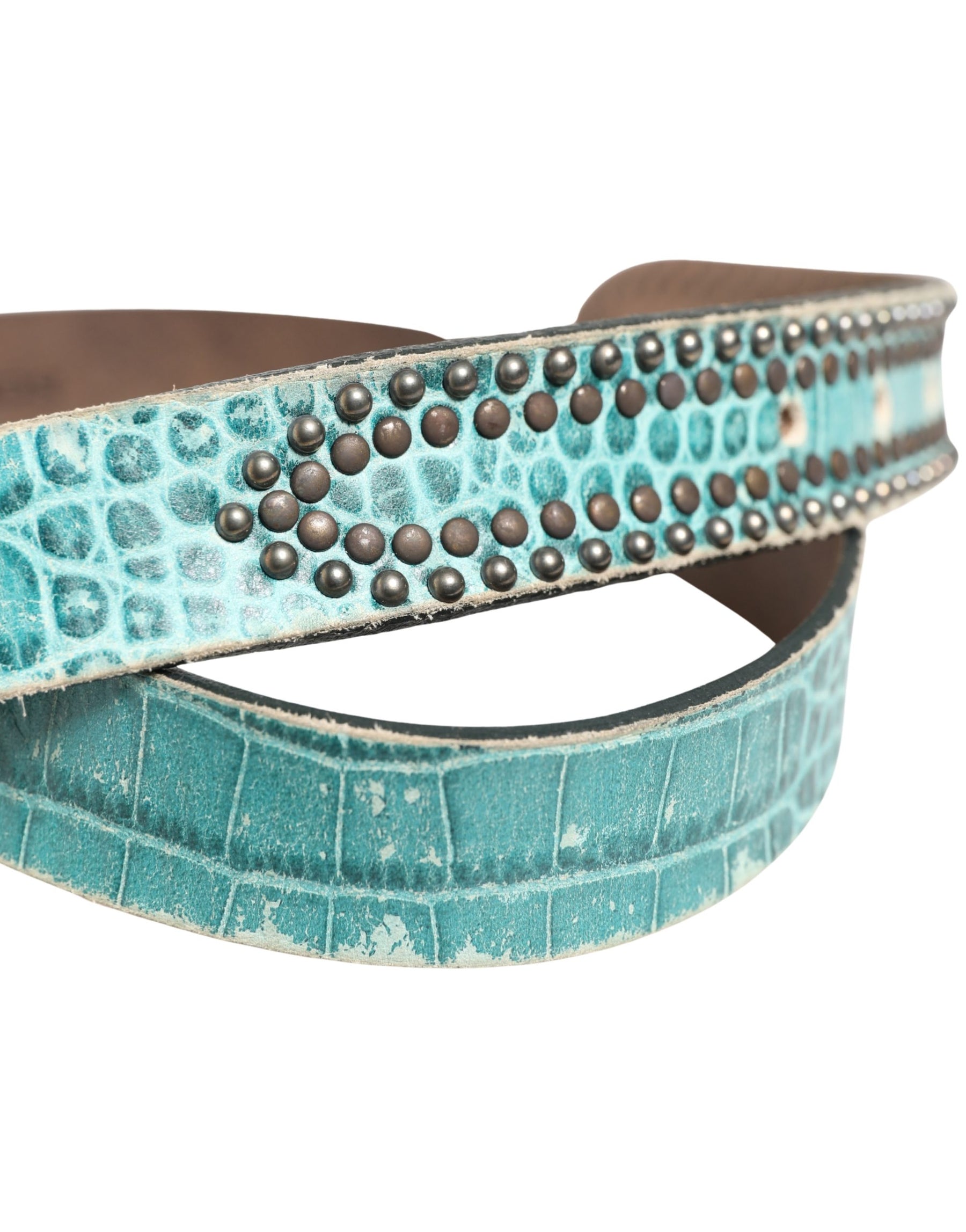 Scervino Street Women Green Leather Croco Print Studded Belt | Regal Royce