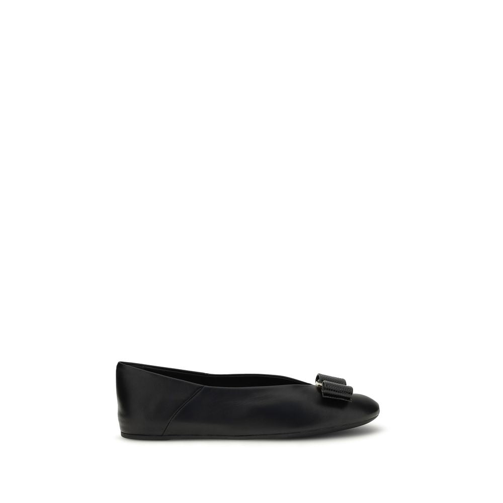 Ferragamo Black Calf Leather Bos Taurus Ballet Flats | Regal Royce