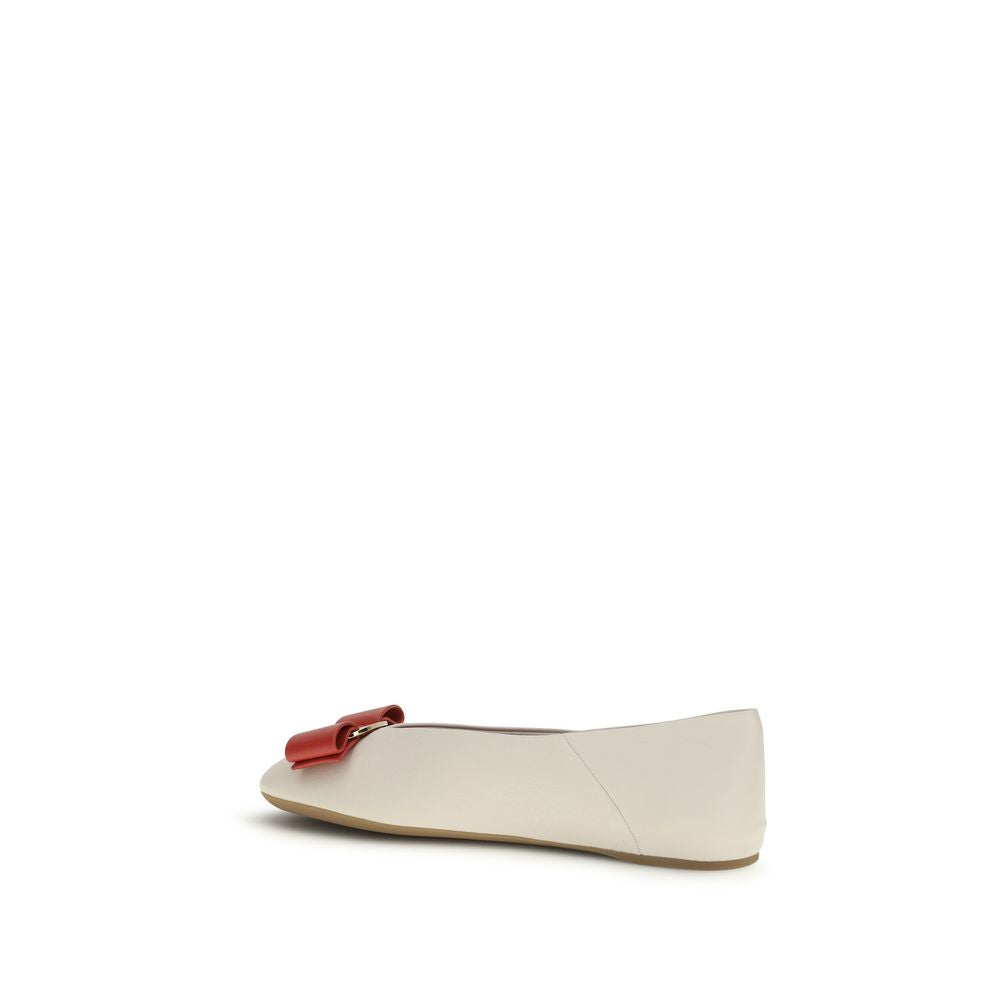 Ferragamo White Calf Leather Bos Taurus Ballet Flats | Regal Royce
