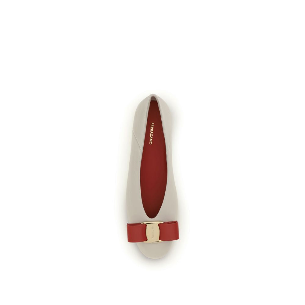 Ferragamo White Calf Leather Bos Taurus Ballet Flats | Regal Royce