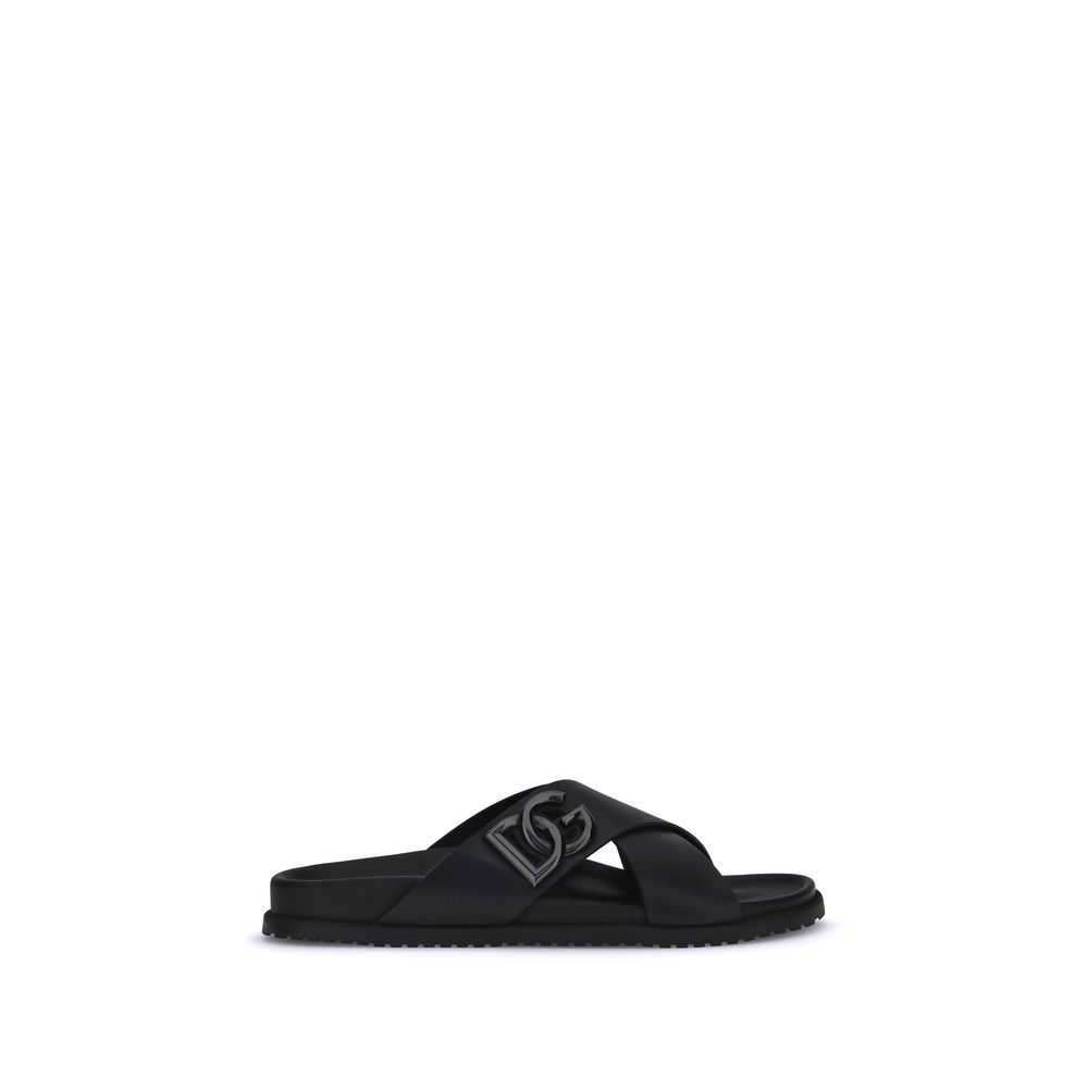 Dolce & Gabbana Black Calf Leather Bos Taurus Flat Sandals | Regal Royce