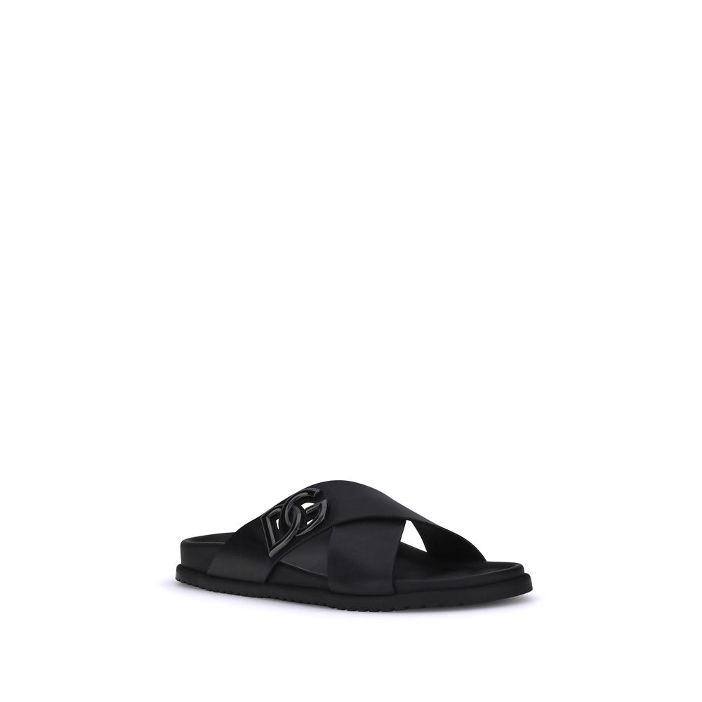 Dolce & Gabbana Black Calf Leather Bos Taurus Flat Sandals | Regal Royce