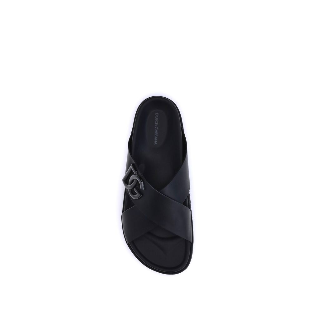 Dolce & Gabbana Black Calf Leather Bos Taurus Flat Sandals | Regal Royce