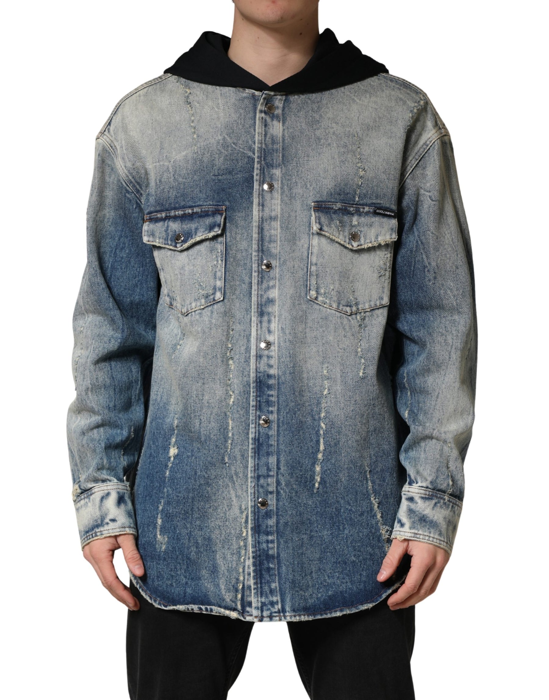 Dolce & Gabbana Blue Hooded Cotton Buttoned Denim Jacket | Regal Royce