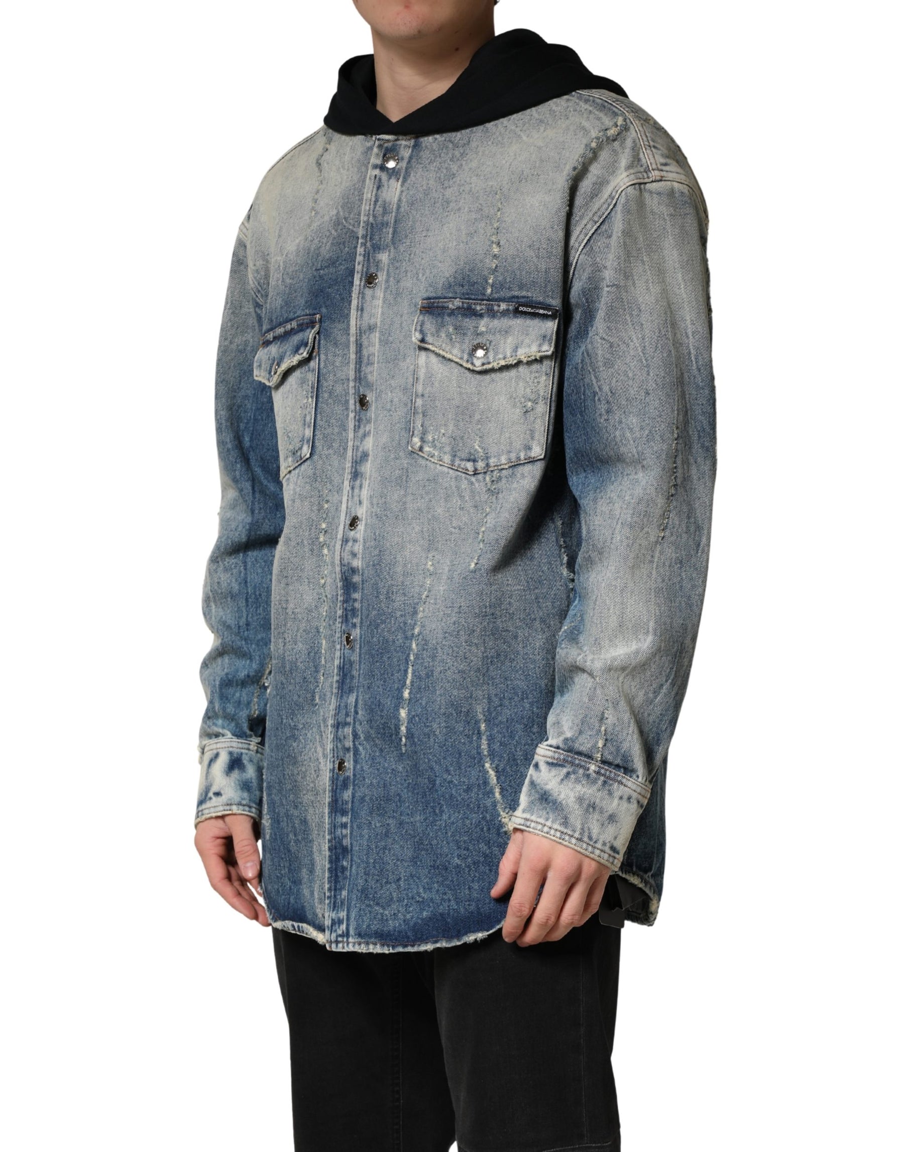 Dolce & Gabbana Blue Hooded Cotton Buttoned Denim Jacket | Regal Royce