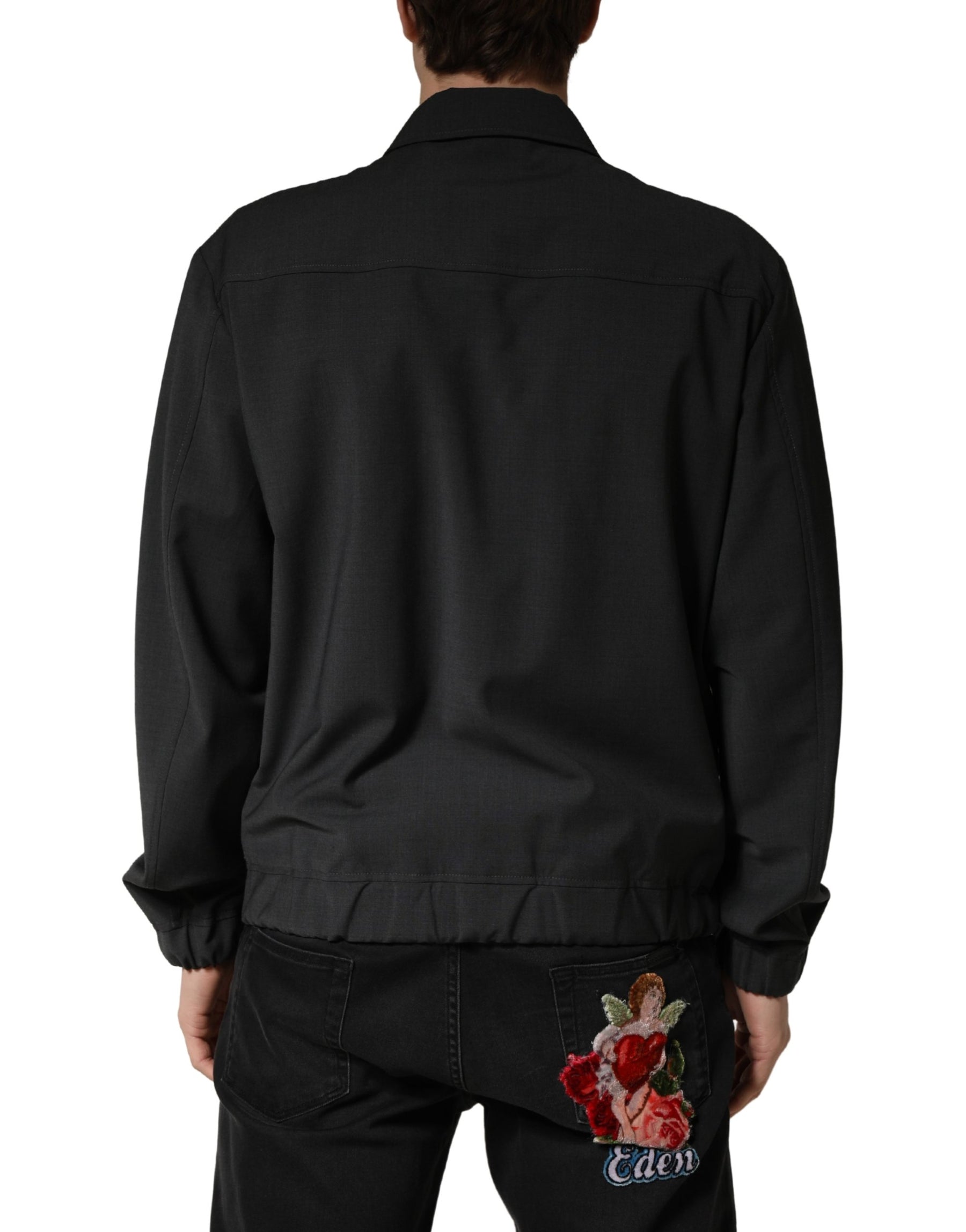 Dolce & Gabbana Black Wool Logo Full Zip Men Bomber Jacket | Regal Royce