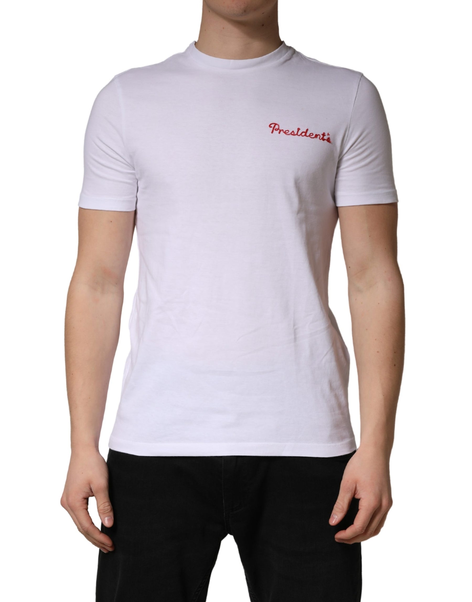 President's White Logo Embroidery Cotton Men Crew Neck T-shirt | Regal Royce