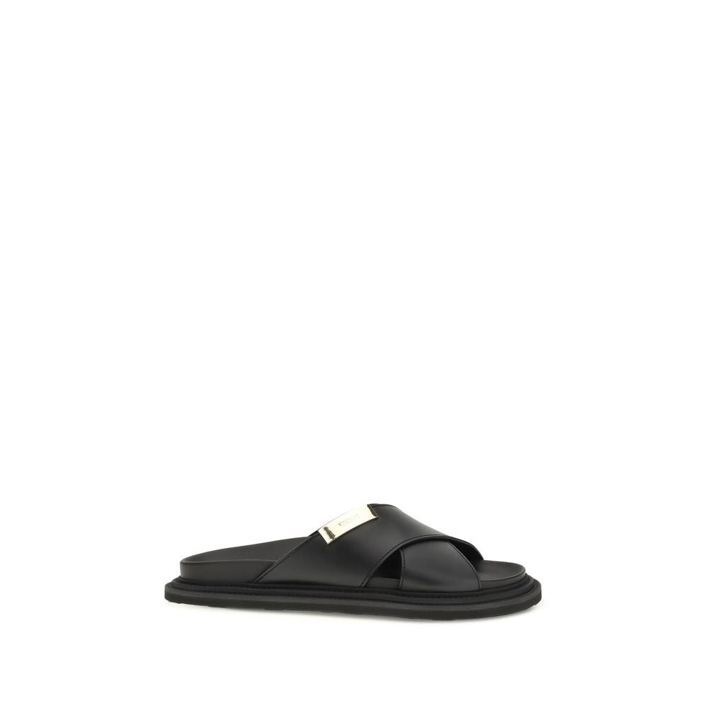 Moschino Black Calf Leather Bos Taurus Flat Sandals | Regal Royce