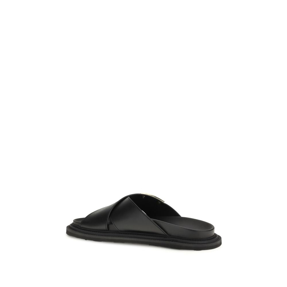Moschino Black Calf Leather Bos Taurus Flat Sandals | Regal Royce