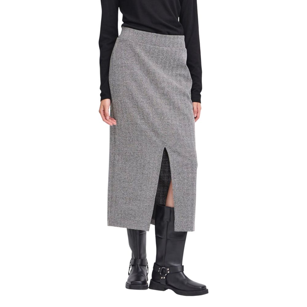 ICHI Black And White Polyester Long Skirt | Regal Royce