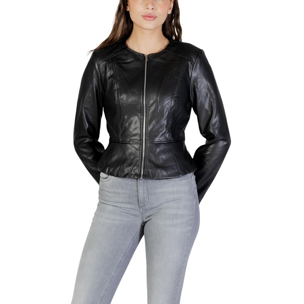 Jacqueline De Yong Black Polyester Leather Jacket | Regal Royce
