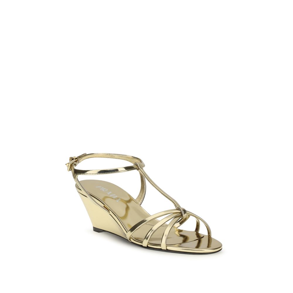 Prada Gold Calf Leather Bos Taurus Wedge Sandals | Regal Royce