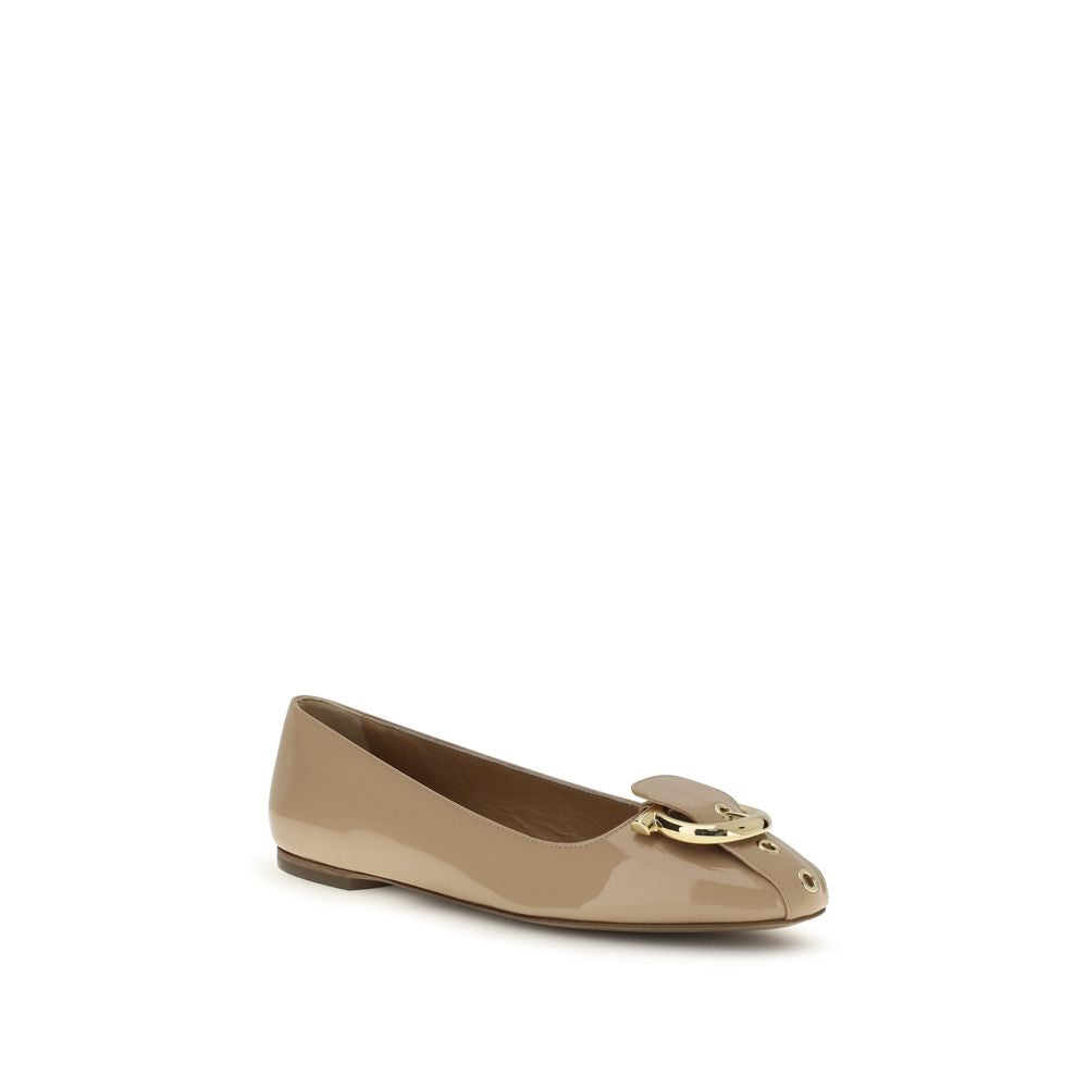 Ferragamo Beige Calf Leather Bos Taurus Ballet Flats | Regal Royce