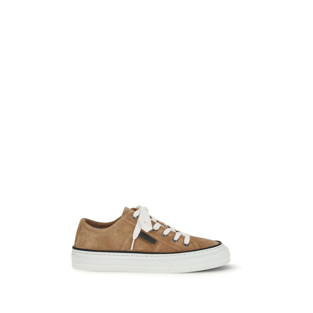 Brunello Cucinelli Beige Calf Leather Bos Taurus Low Top Sneakers | Regal Royce