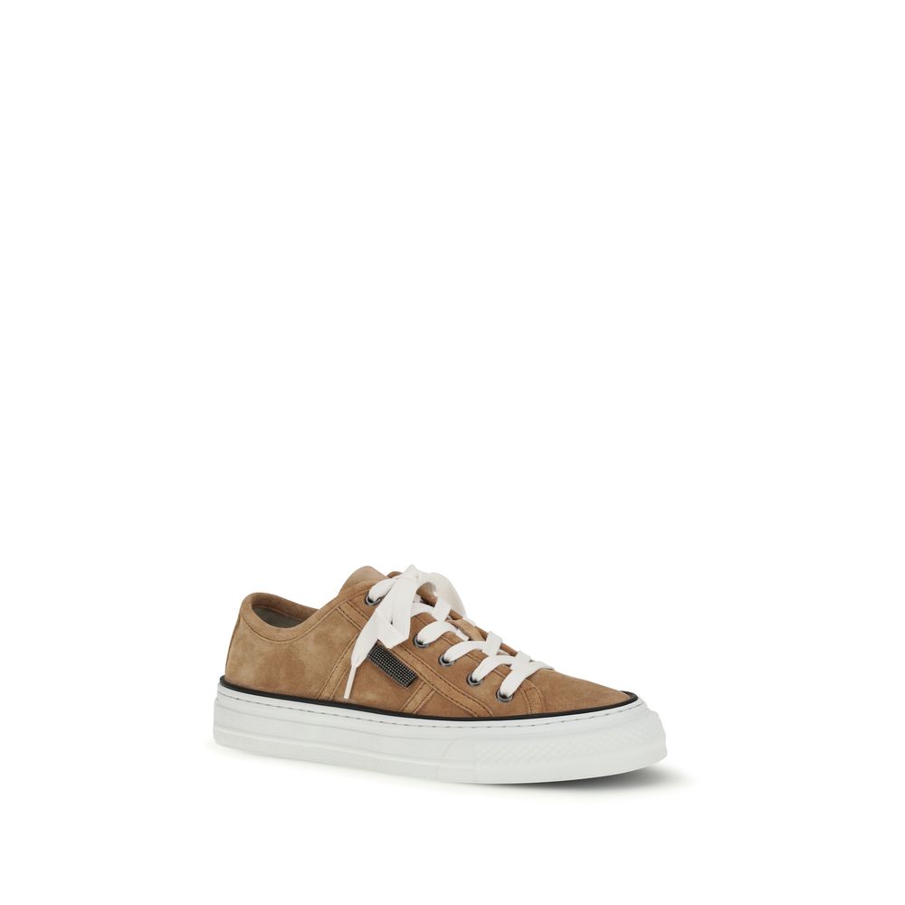 Brunello Cucinelli Beige Calf Leather Bos Taurus Low Top Sneakers | Regal Royce
